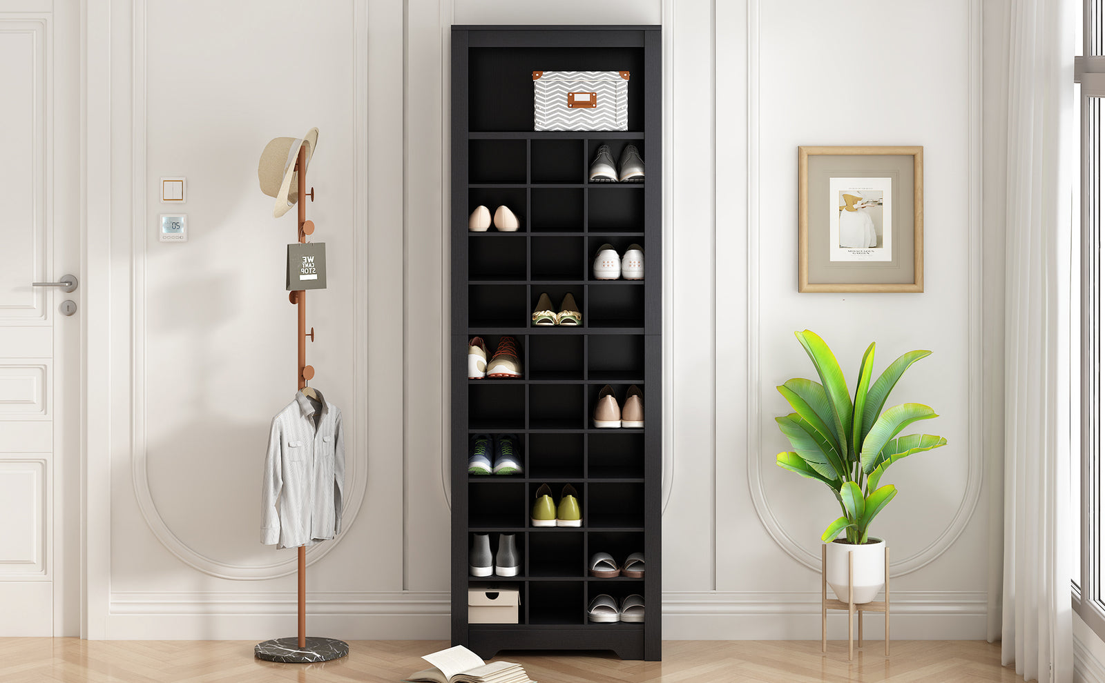ON-TREND Stylish Design 30 Shoe Cubby Console, Contemporary Shoe Cabinet with Multiple Storage Capacity, Free Standing Tall Cabinet with Versatile Use for Hallway, Bedroom, Black