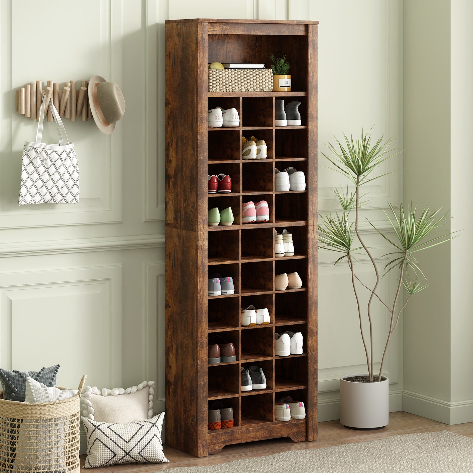 ON-TREND Stylish Design 30 Shoe Cubby Console, Contemporary Shoe Cabinet with Multiple Storage Capacity, Free Standing Tall Cabinet with Versatile Use for Hallway, Bedroom, Rustic Brown