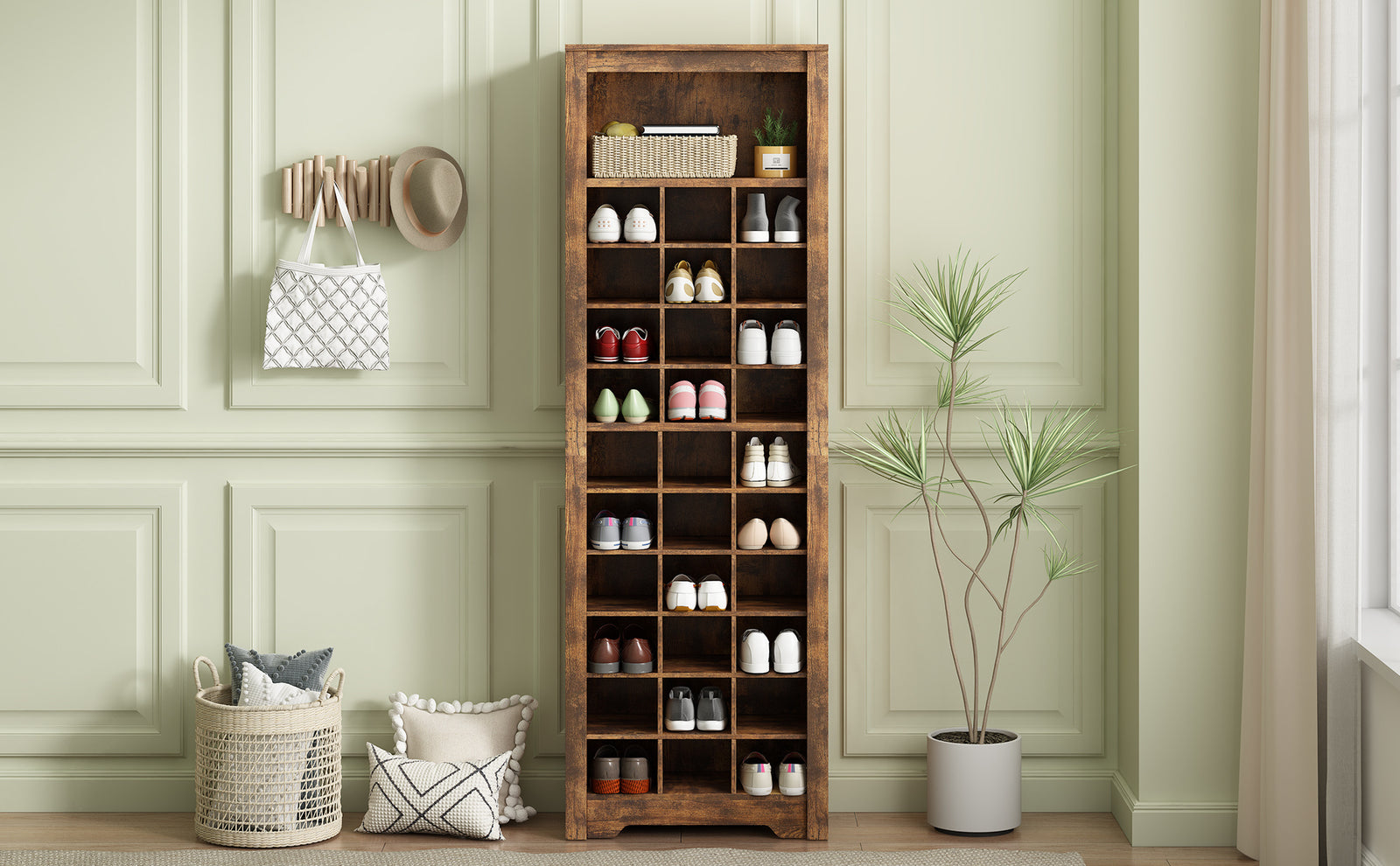 ON-TREND Stylish Design 30 Shoe Cubby Console, Contemporary Shoe Cabinet with Multiple Storage Capacity, Free Standing Tall Cabinet with Versatile Use for Hallway, Bedroom, Rustic Brown