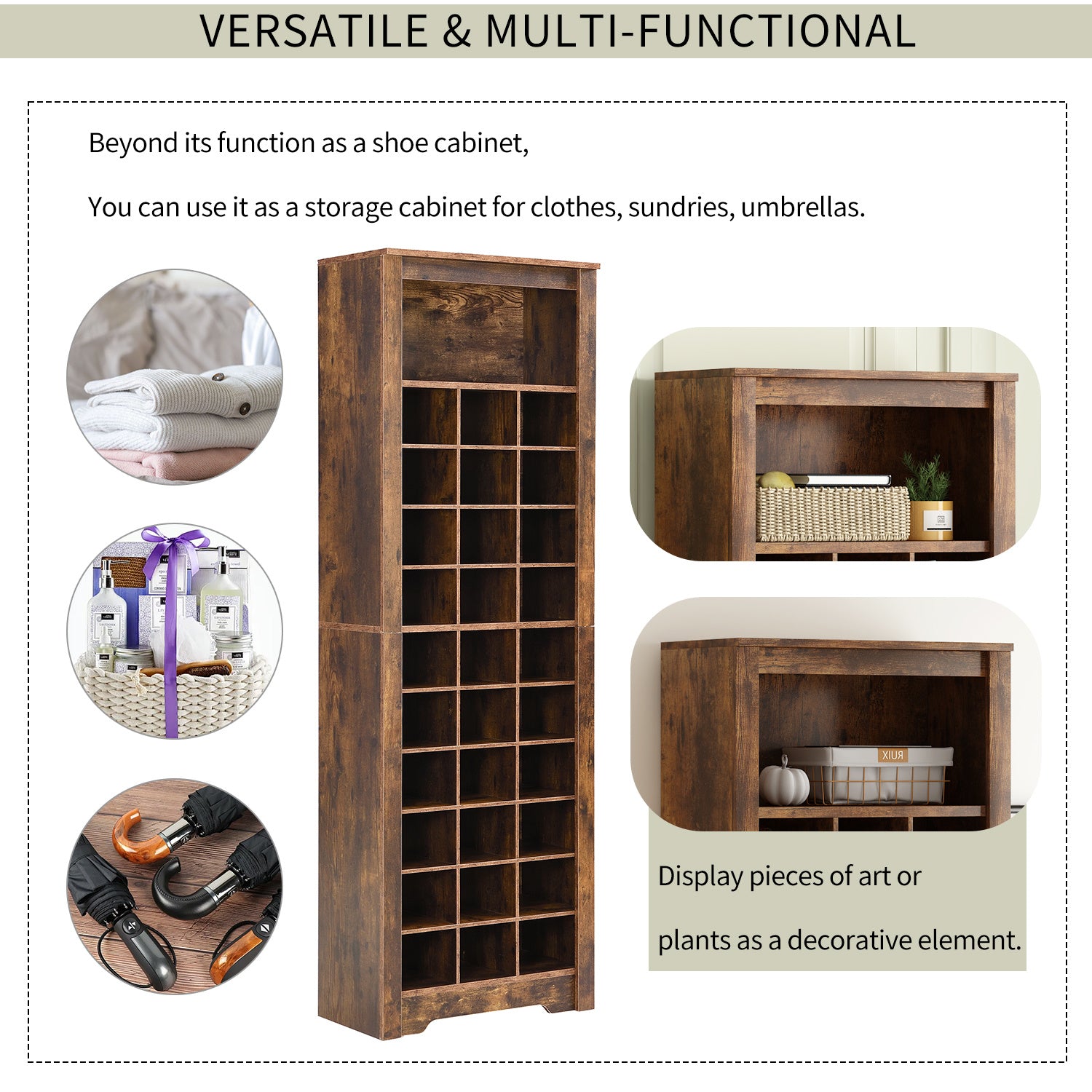 ON-TREND Stylish Design 30 Shoe Cubby Console, Contemporary Shoe Cabinet with Multiple Storage Capacity, Free Standing Tall Cabinet with Versatile Use for Hallway, Bedroom, Rustic Brown