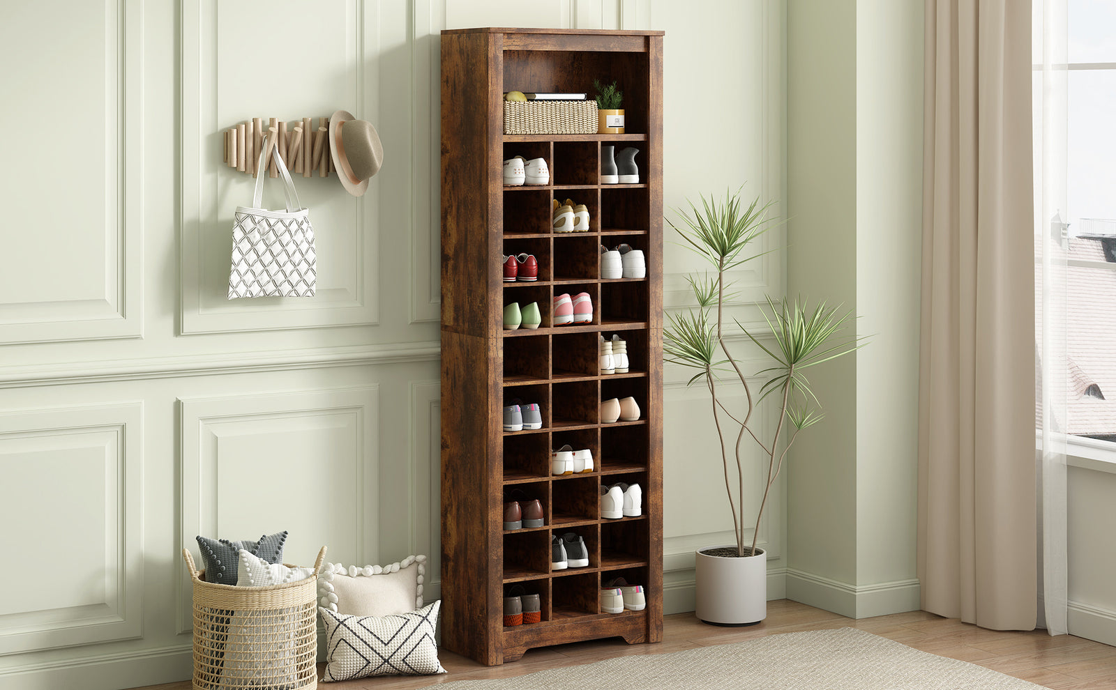 ON-TREND Stylish Design 30 Shoe Cubby Console, Contemporary Shoe Cabinet with Multiple Storage Capacity, Free Standing Tall Cabinet with Versatile Use for Hallway, Bedroom, Rustic Brown