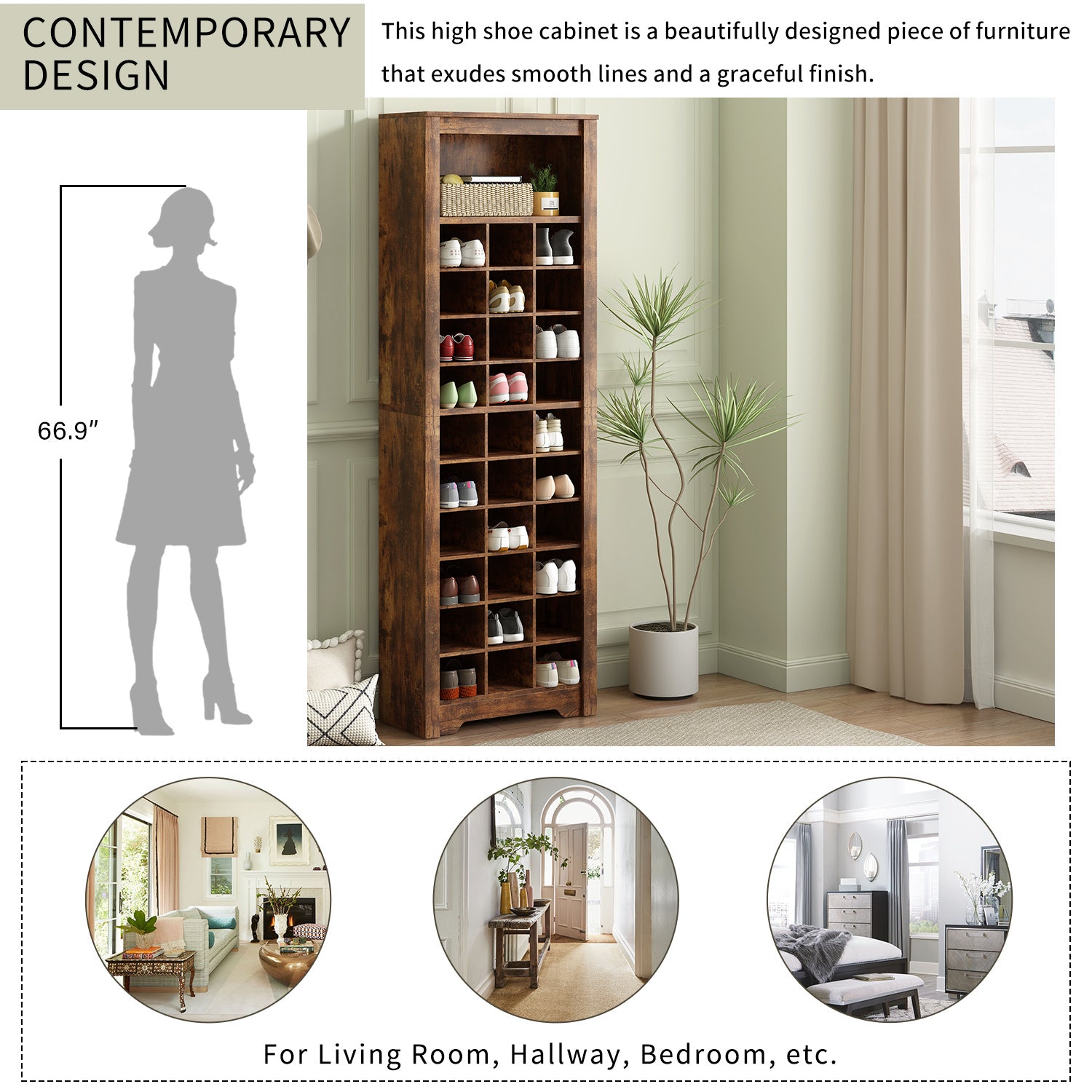 ON-TREND Stylish Design 30 Shoe Cubby Console, Contemporary Shoe Cabinet with Multiple Storage Capacity, Free Standing Tall Cabinet with Versatile Use for Hallway, Bedroom, Rustic Brown