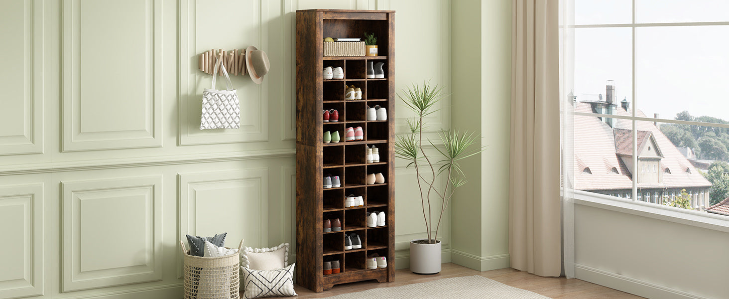 ON-TREND Stylish Design 30 Shoe Cubby Console, Contemporary Shoe Cabinet with Multiple Storage Capacity, Free Standing Tall Cabinet with Versatile Use for Hallway, Bedroom, Rustic Brown