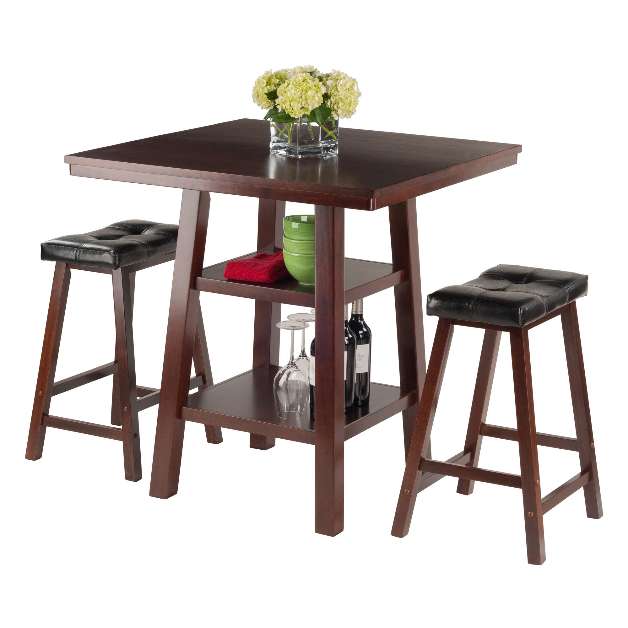 Orlando 3-Pc Set High Table; 2 Shelves w/ 2 Cushion Seat Stools - WoodPoly.com