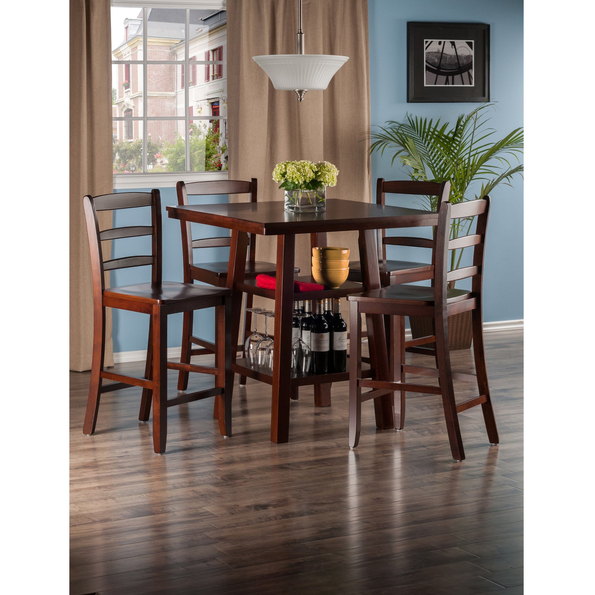 Orlando 5-Pc Set High Table; 2 Shelves w/ 4 Ladder Back Stools - WoodPoly.com