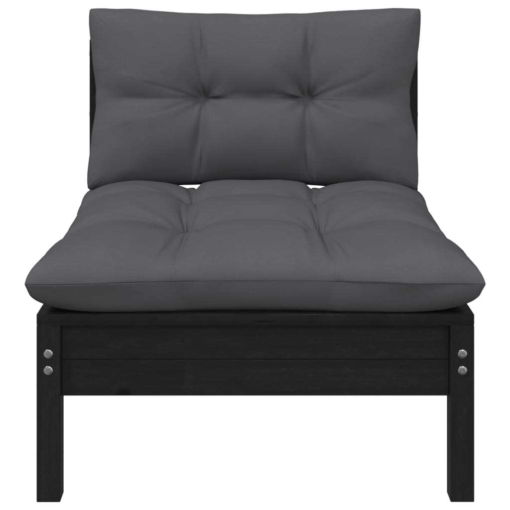 Patio Middle Sofa with Cushions Black Solid Pinewood