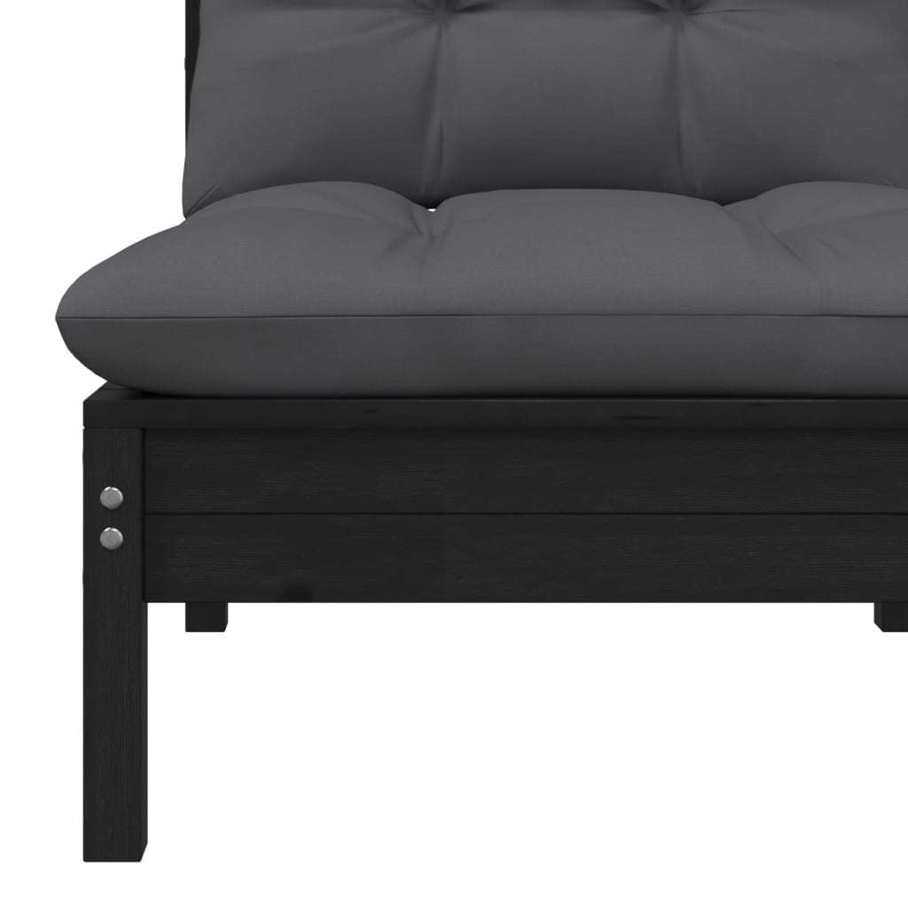 Patio Middle Sofa with Cushions Black Solid Pinewood