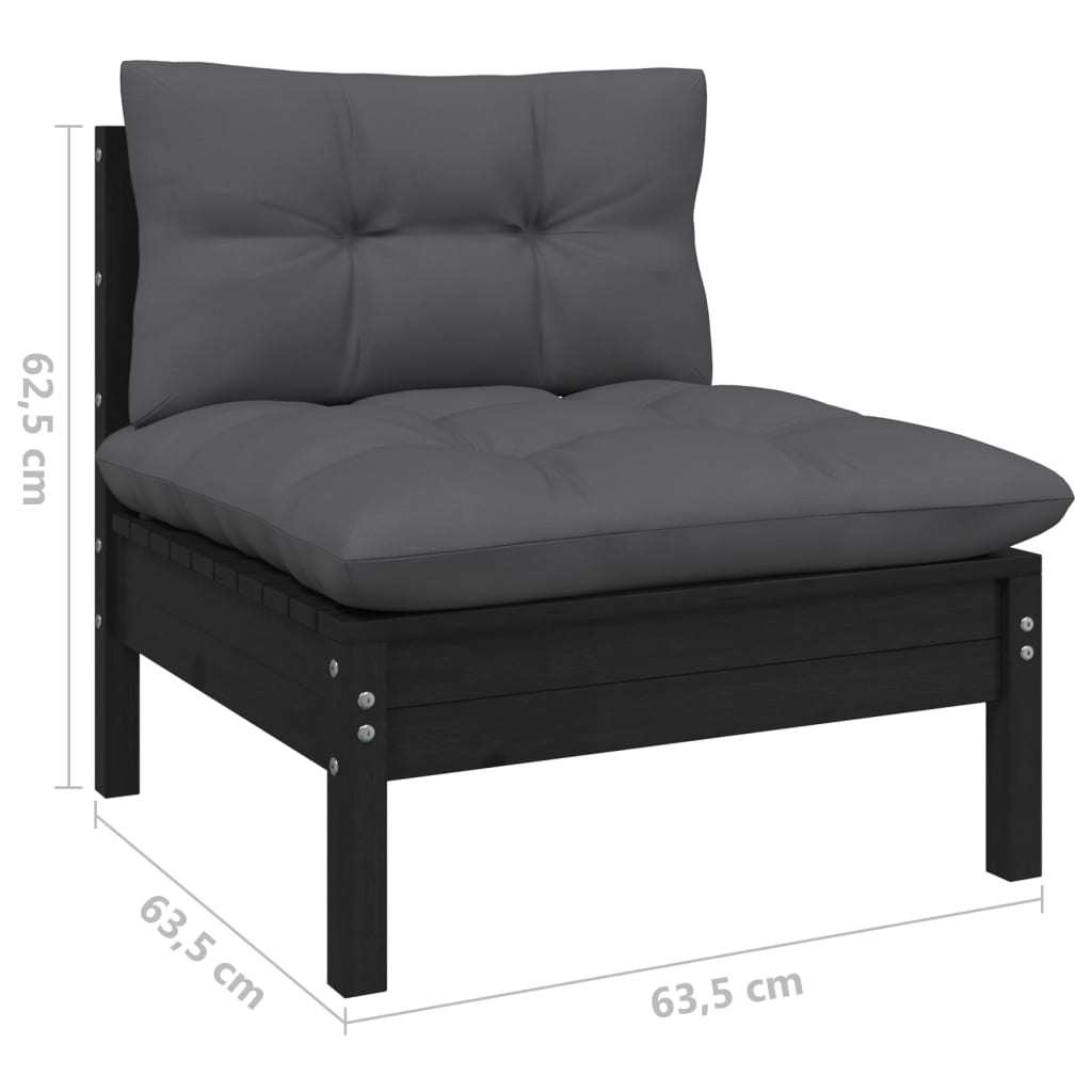 Patio Middle Sofa with Cushions Black Solid Pinewood