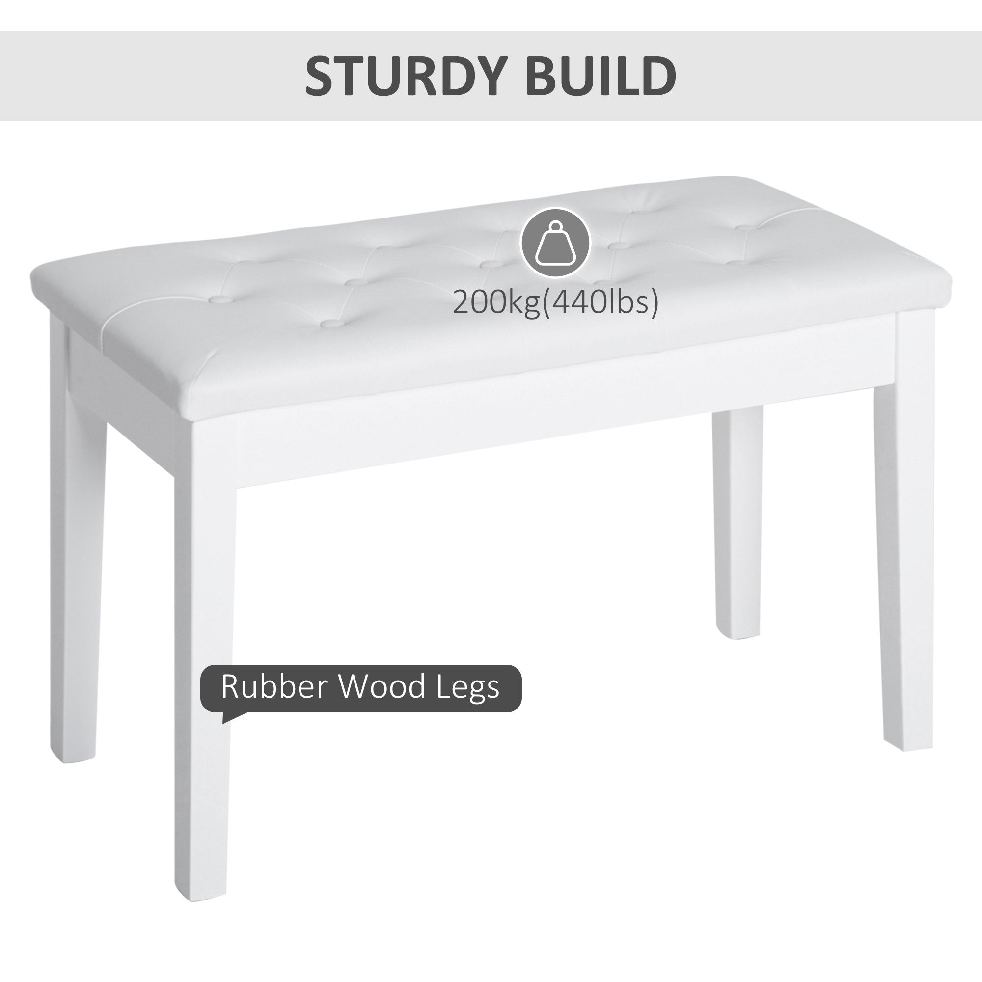 Piano Bench, Duet Piano Chair with Faux Leather Padded Cushion and Wooden Frame, Button Tufted Keyboard Bench, White