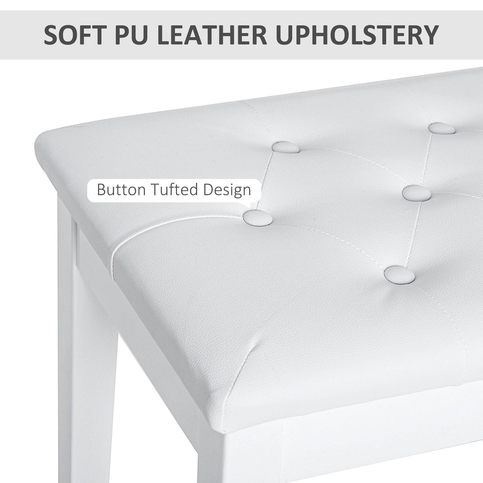 Piano Bench, Duet Piano Chair with Faux Leather Padded Cushion and Wooden Frame, Button Tufted Keyboard Bench, White