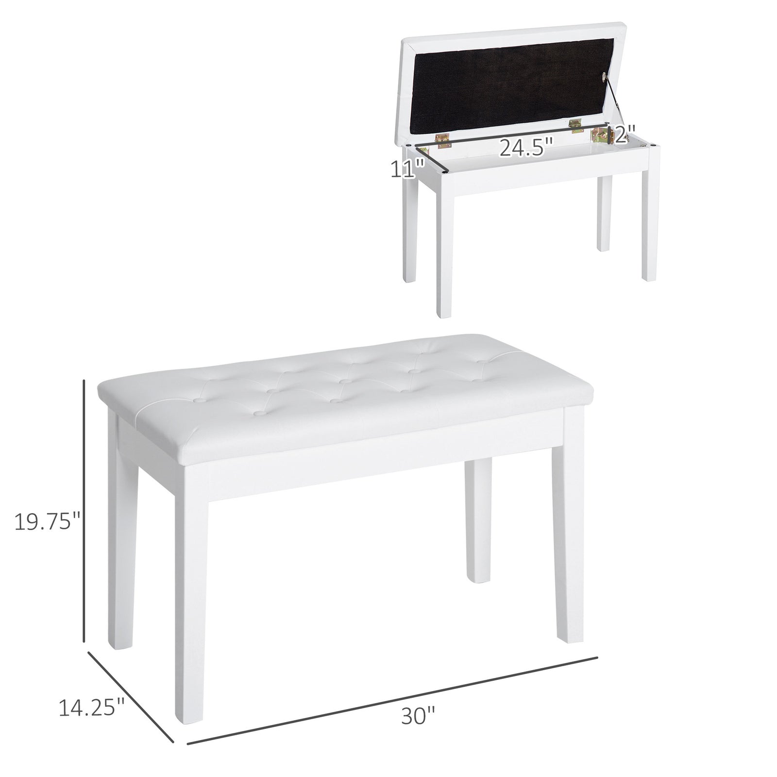 Piano Bench, Duet Piano Chair with Faux Leather Padded Cushion and Wooden Frame, Button Tufted Keyboard Bench, White