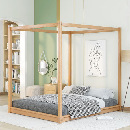 Queen Size Canopy Platform Bed with Support Legs,Natural