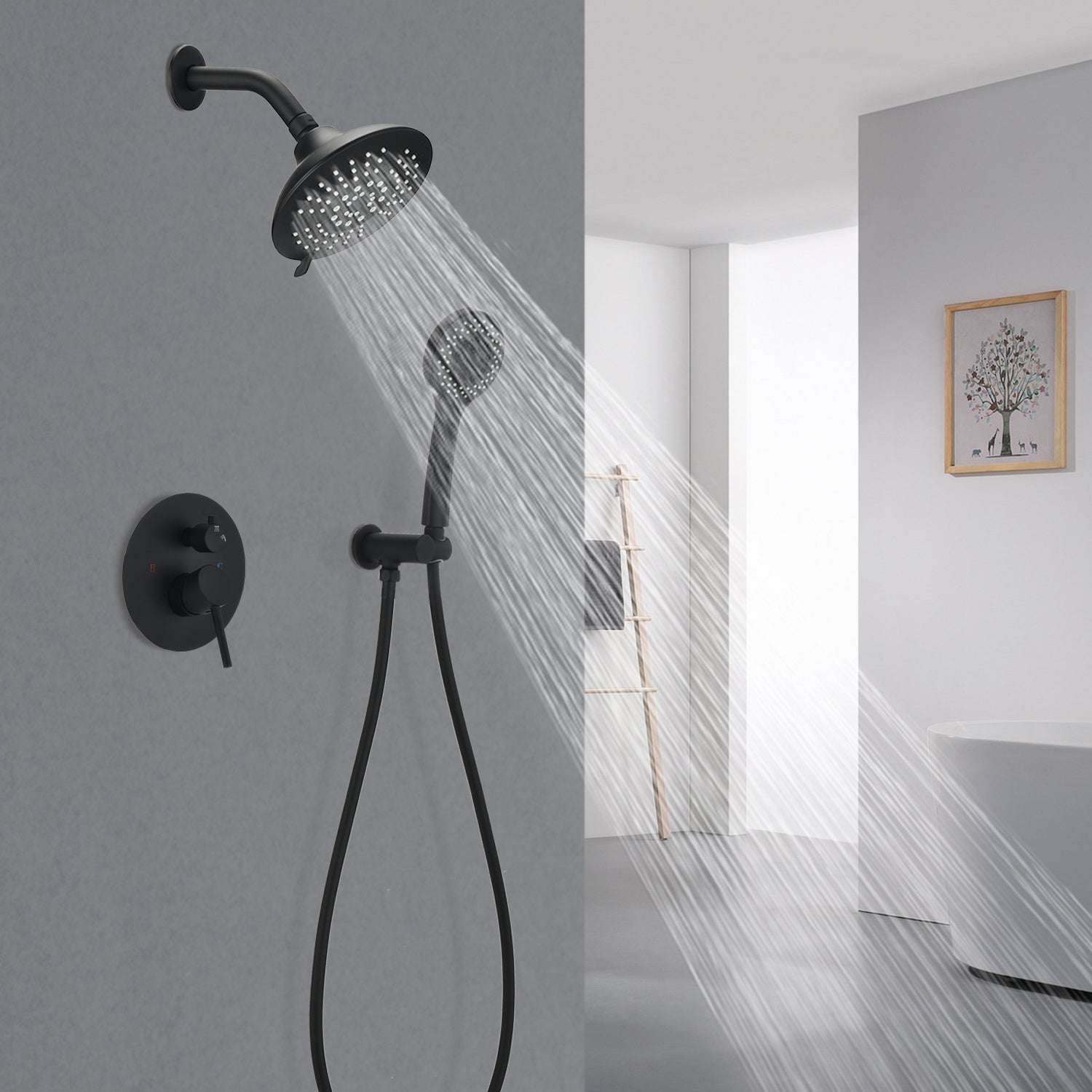 Round Shower System Wall Mounted Shower Faucet Rain Mixer Combo Set, Rain Shower Head Shower Set for Bathroom in Matte Black
