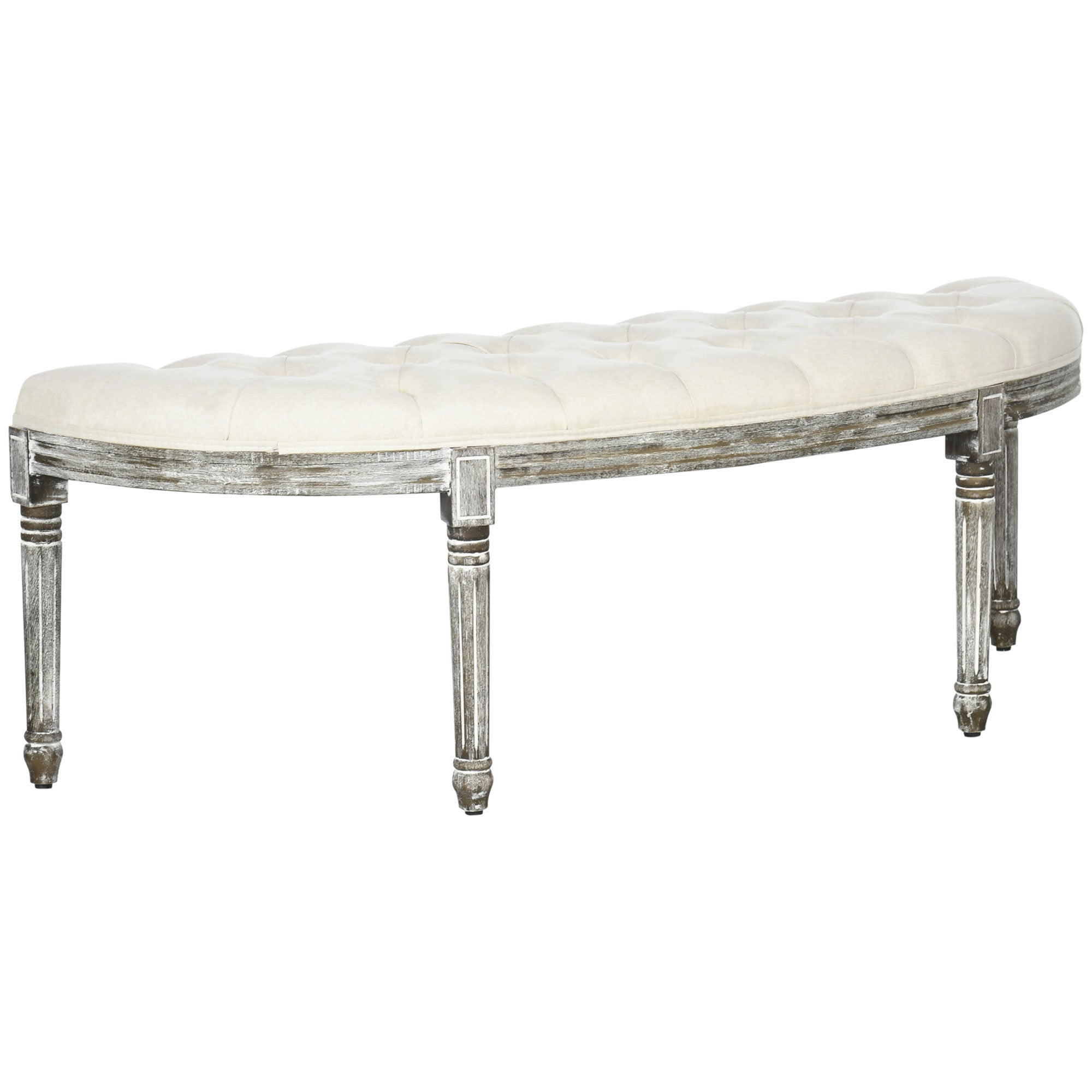 Semi-Circle End of Bed Bench with Tufted Design, Upholstered Bedroom Entryway Bench with Rubberwood Legs, Off White