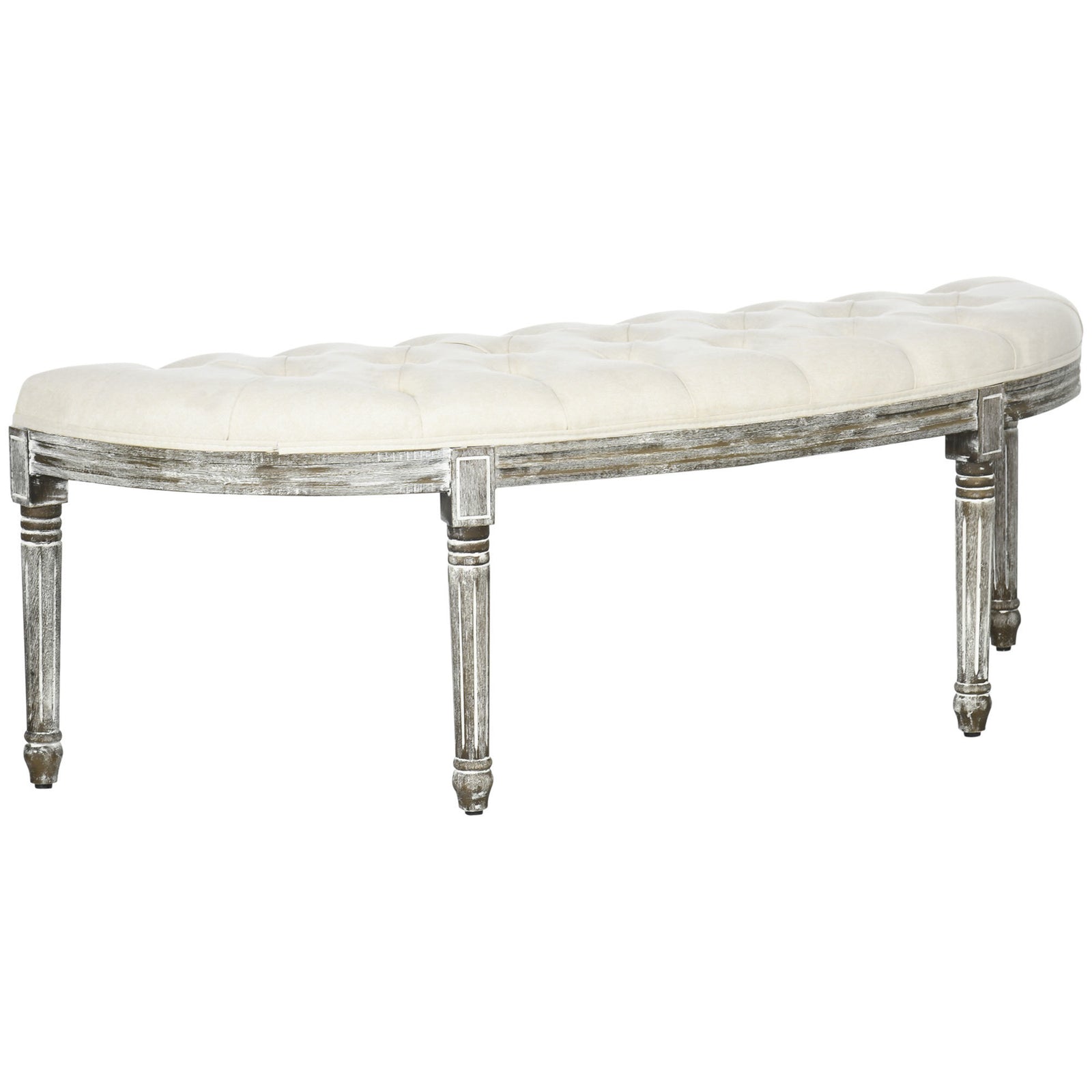 Semi-Circle End of Bed Bench with Tufted Design, Upholstered Bedroom Entryway Bench with Rubberwood Legs, Off White