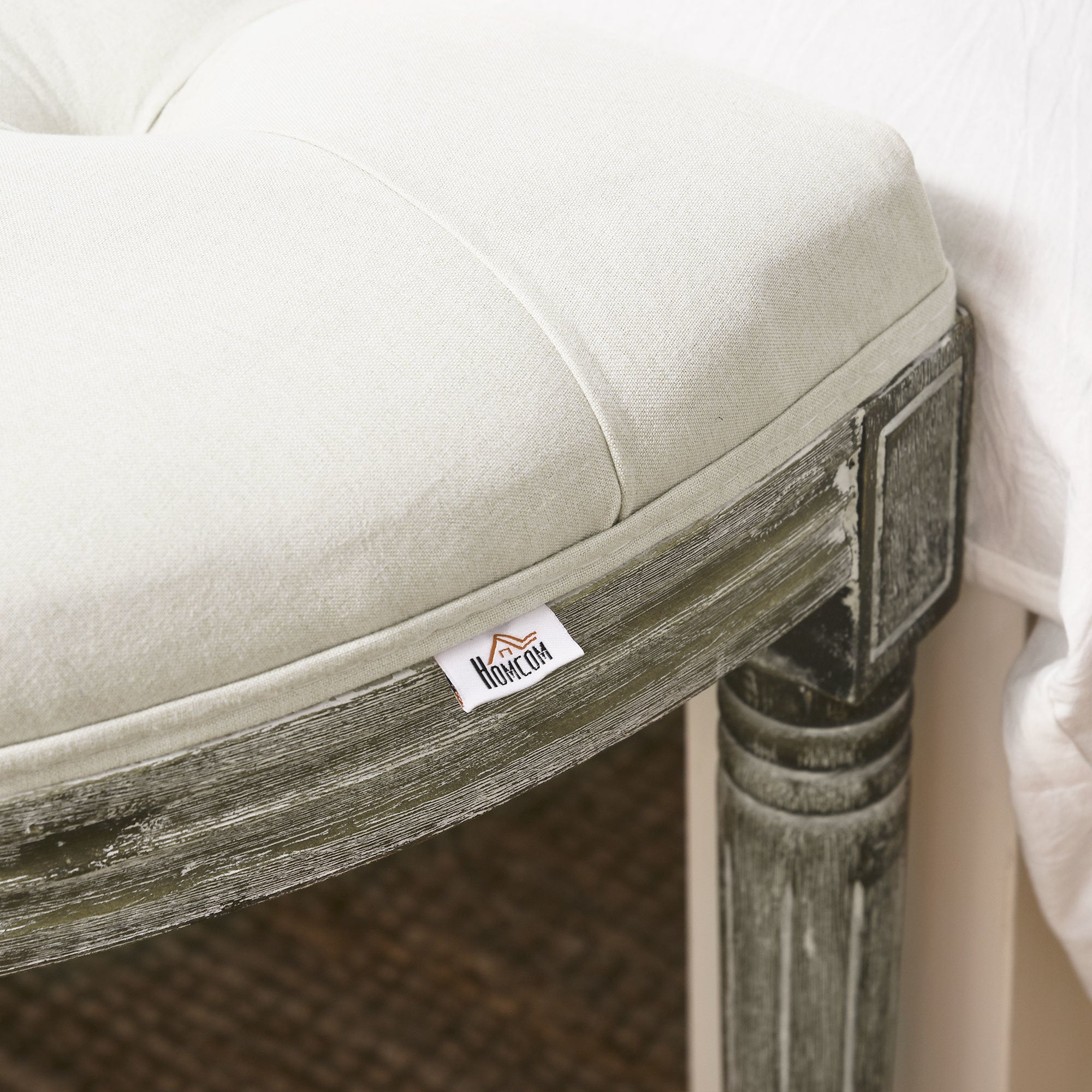 Semi-Circle End of Bed Bench with Tufted Design, Upholstered Bedroom Entryway Bench with Rubberwood Legs, Off White