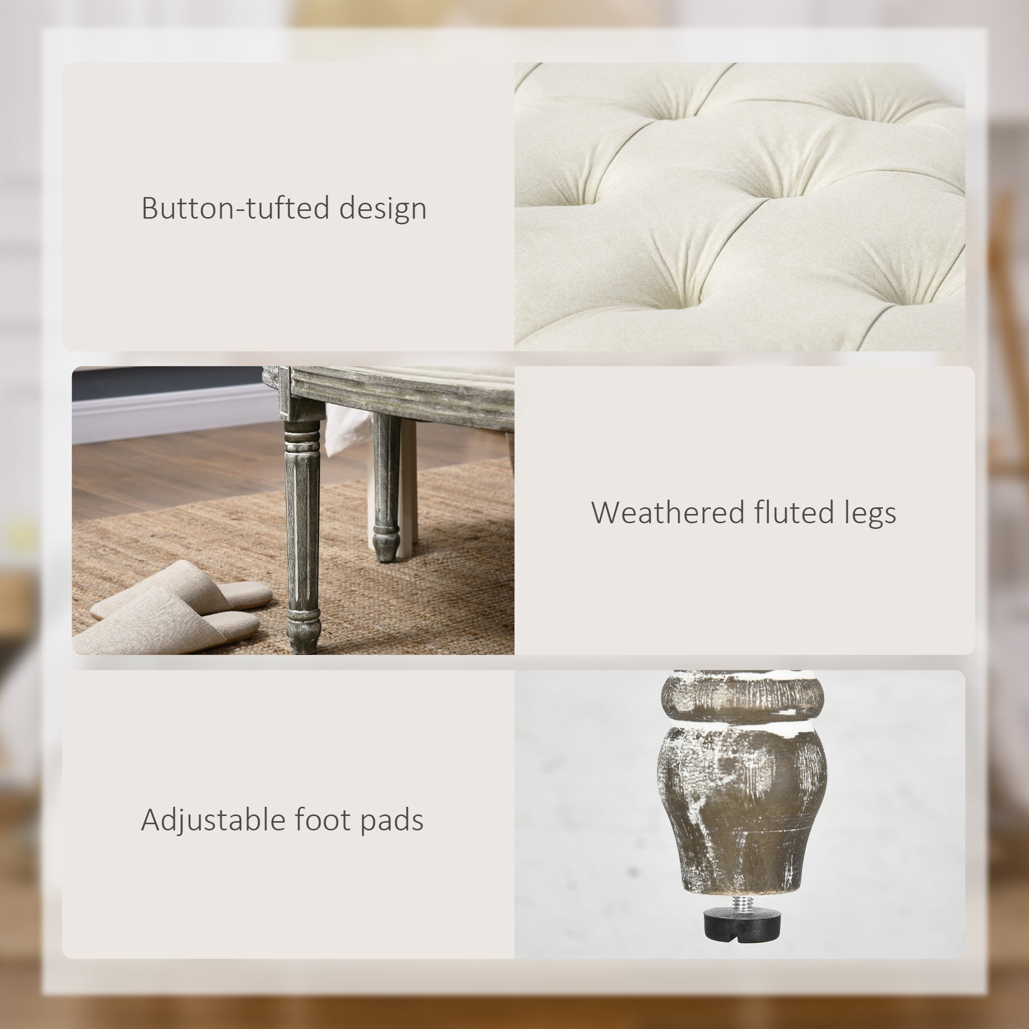 Semi-Circle End of Bed Bench with Tufted Design, Upholstered Bedroom Entryway Bench with Rubberwood Legs, Off White