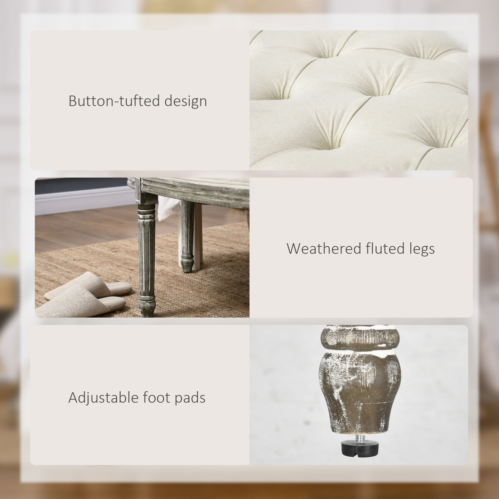 Semi-Circle End of Bed Bench with Tufted Design, Upholstered Bedroom Entryway Bench with Rubberwood Legs, Off White