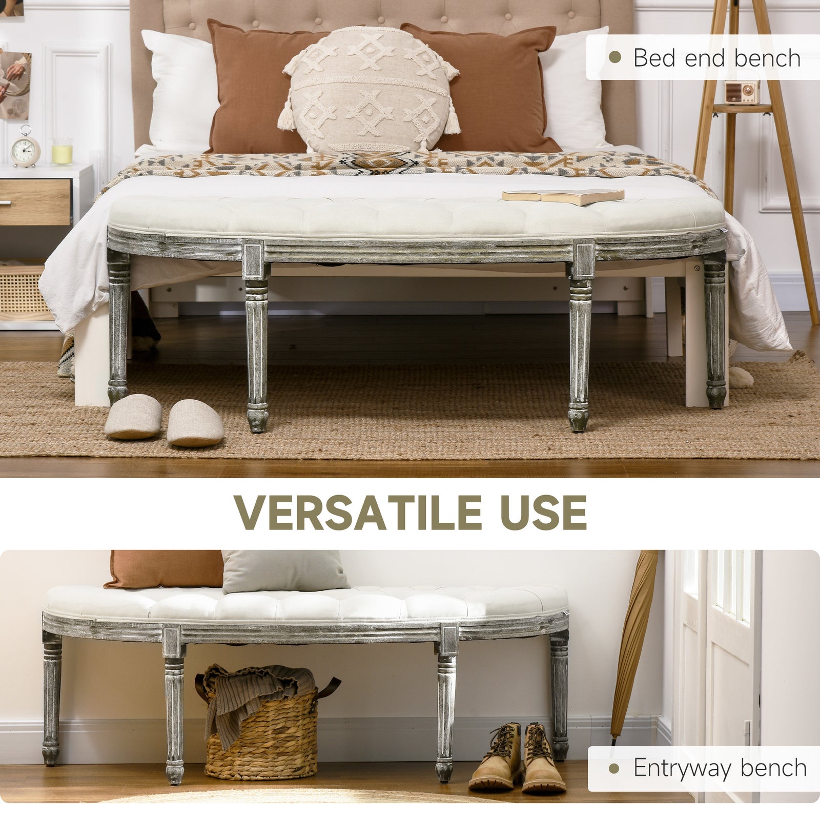 Semi-Circle End of Bed Bench with Tufted Design, Upholstered Bedroom Entryway Bench with Rubberwood Legs, Off White