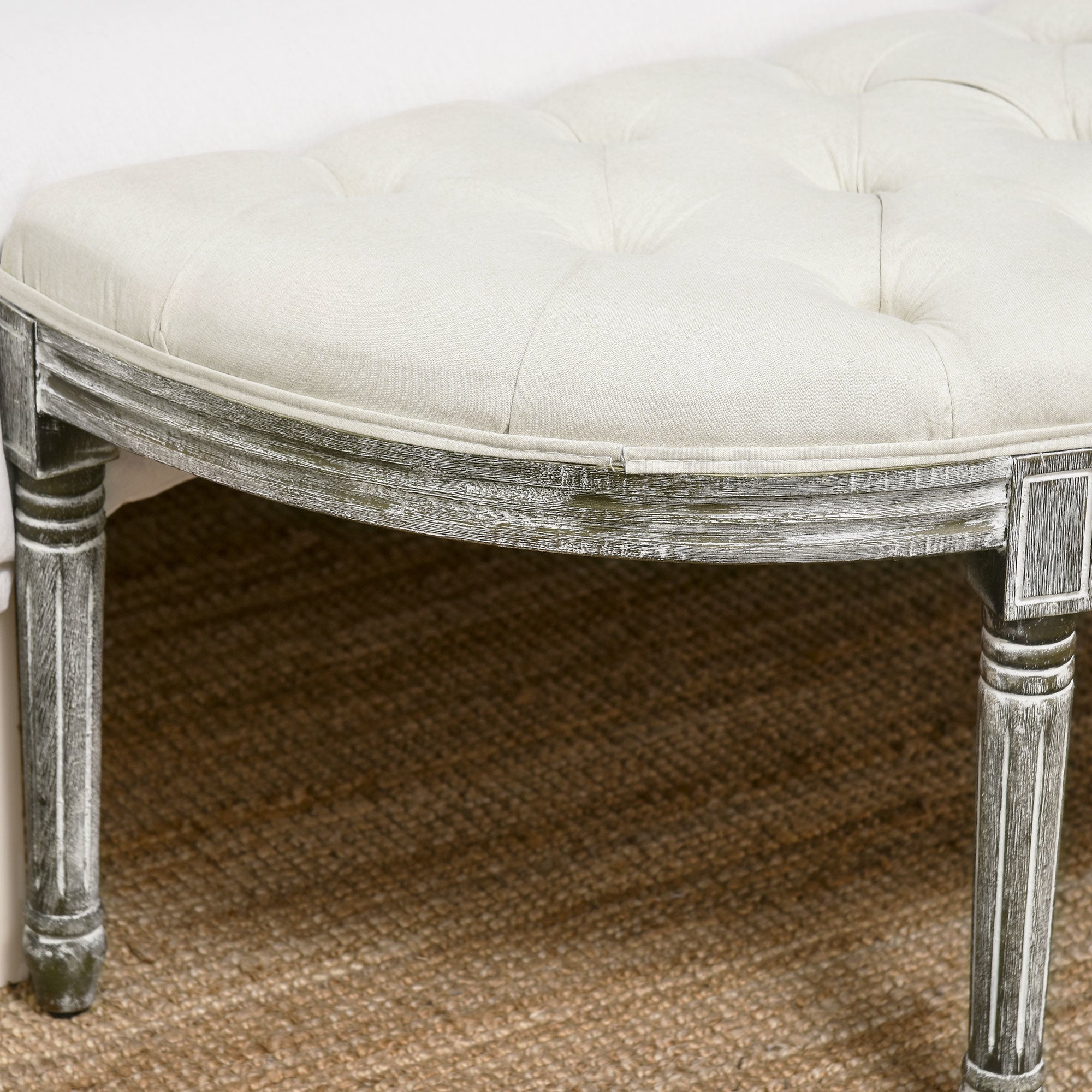 Semi-Circle End of Bed Bench with Tufted Design, Upholstered Bedroom Entryway Bench with Rubberwood Legs, Off White