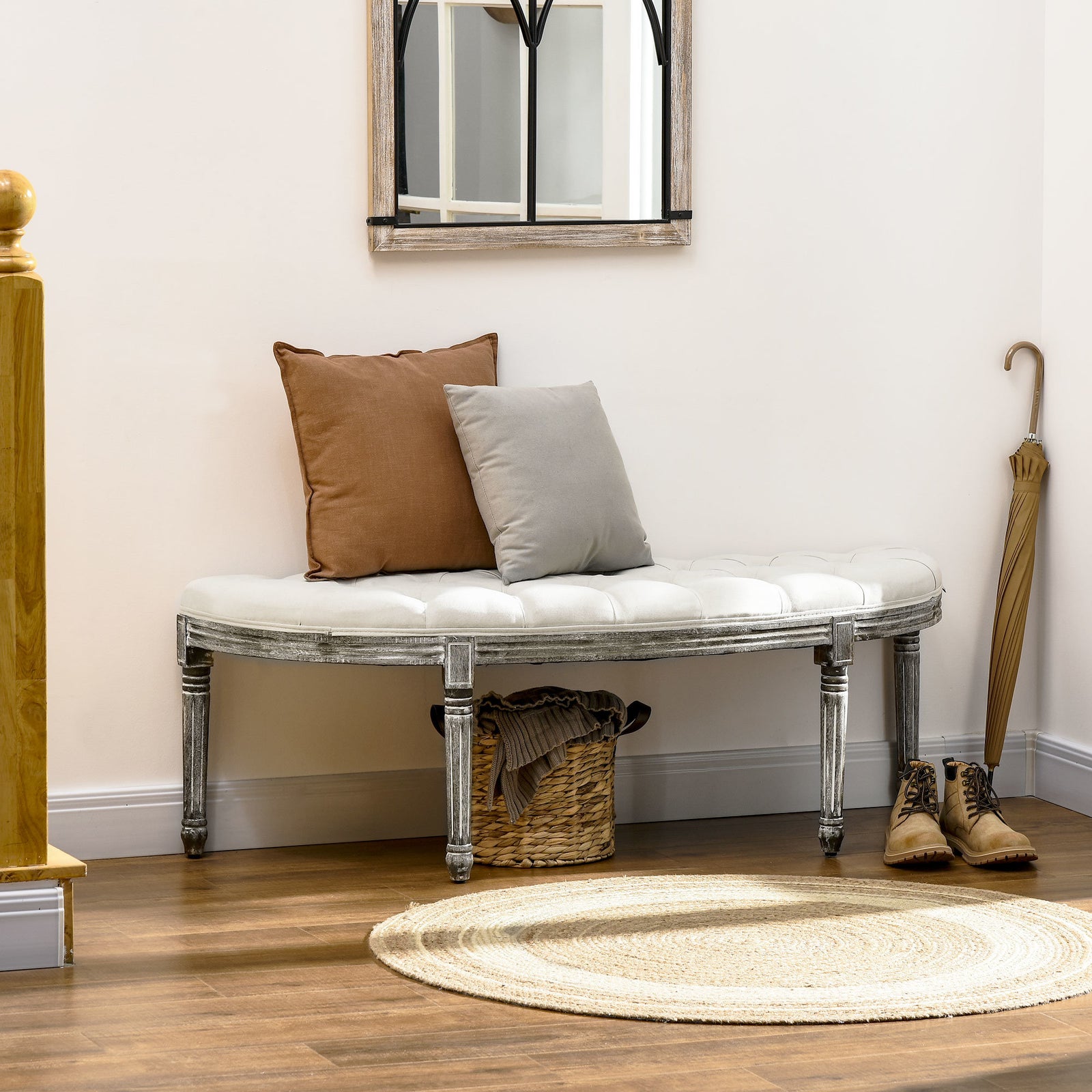 Semi-Circle End of Bed Bench with Tufted Design, Upholstered Bedroom Entryway Bench with Rubberwood Legs, Off White