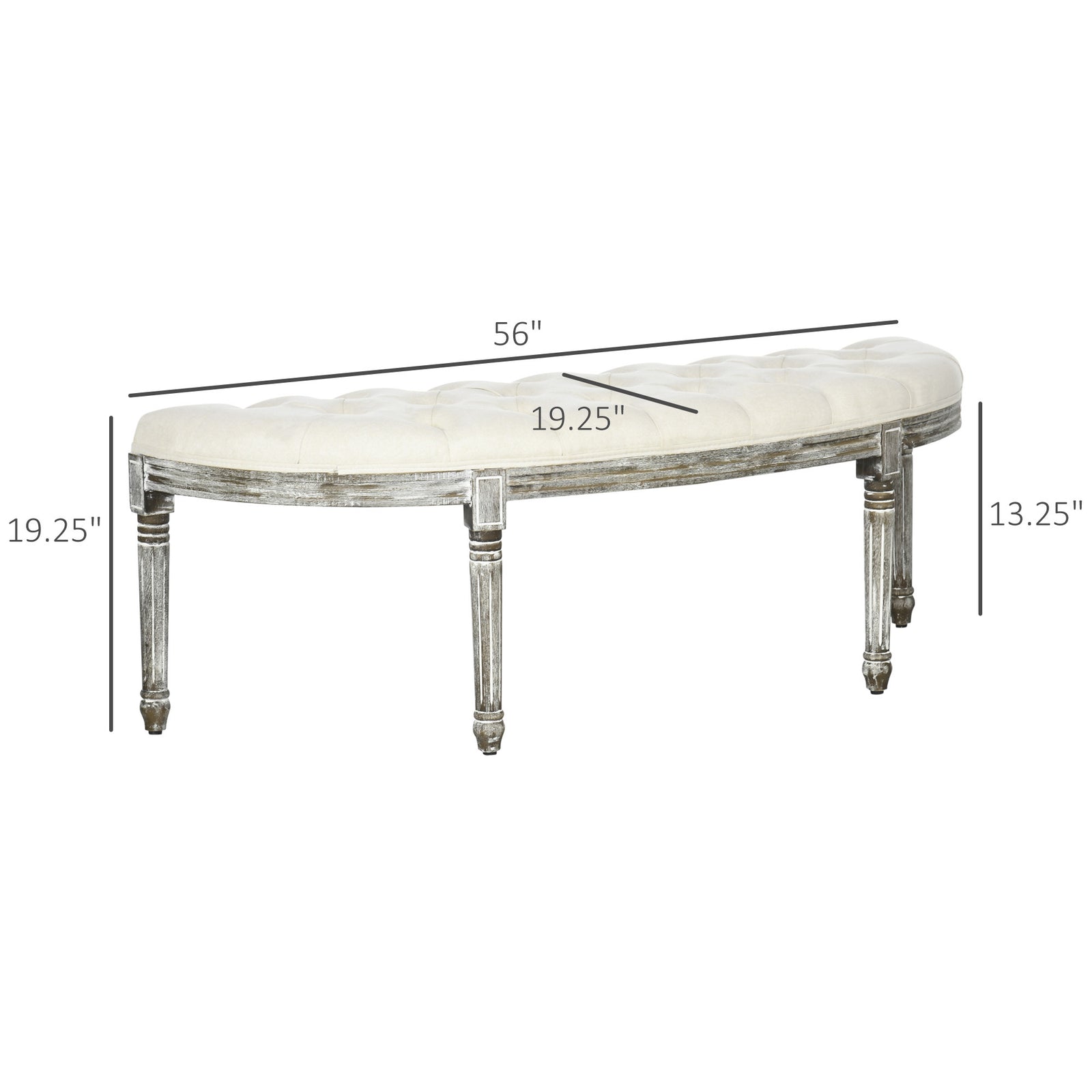 Semi-Circle End of Bed Bench with Tufted Design, Upholstered Bedroom Entryway Bench with Rubberwood Legs, Off White
