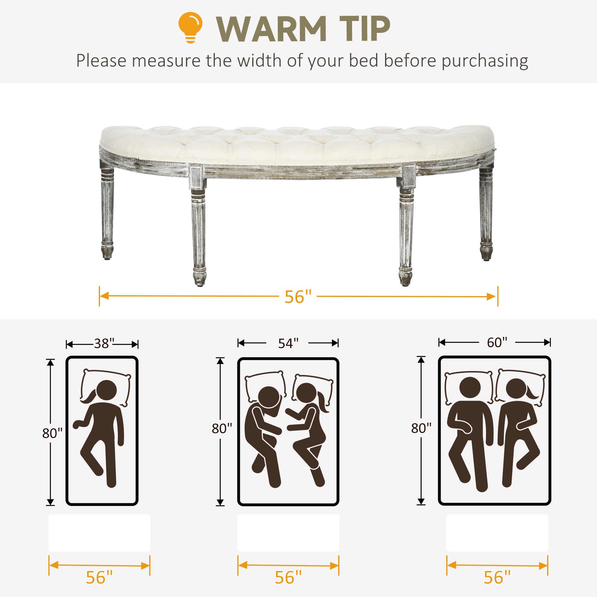 Semi-Circle End of Bed Bench with Tufted Design, Upholstered Bedroom Entryway Bench with Rubberwood Legs, Off White