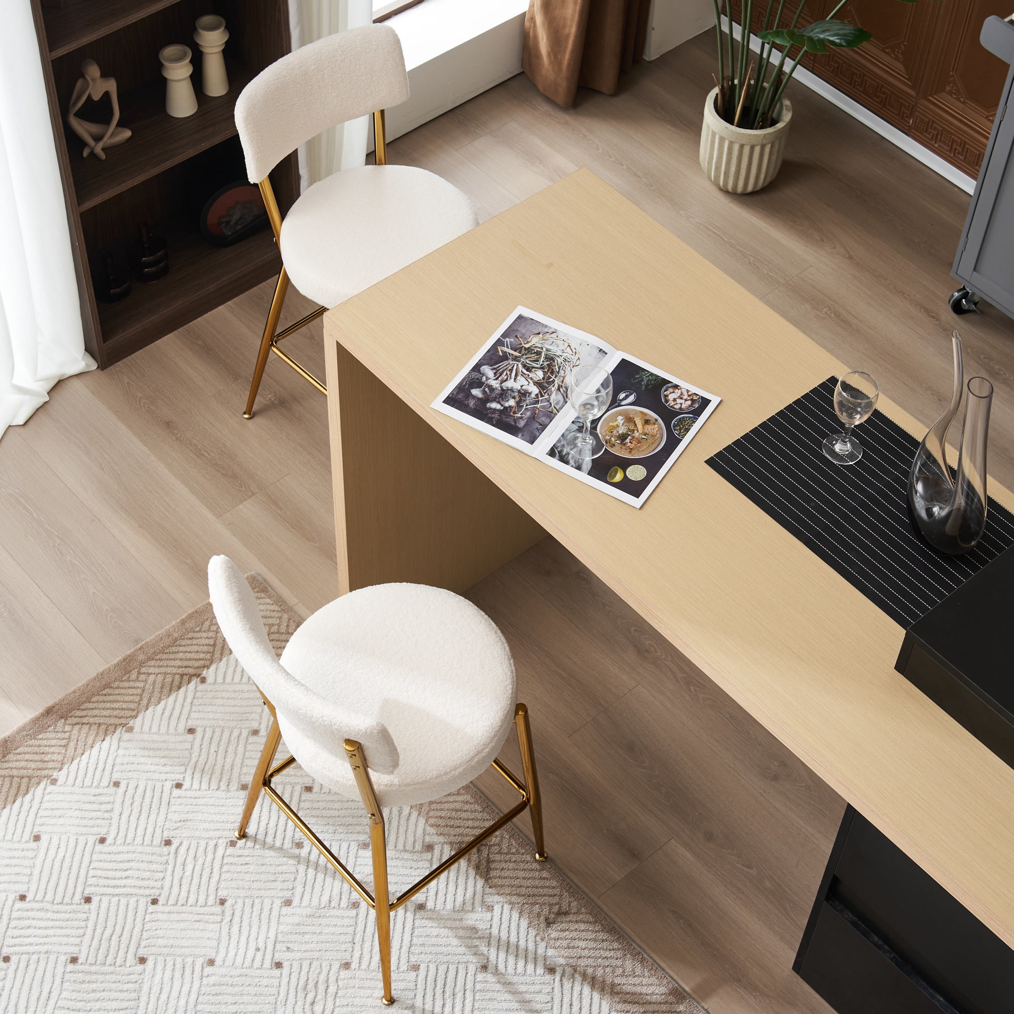 Set of 2 modern teddy fabric upholstered bar stools - Metal base high stool - Suitable for kitchen, dining and living room - Beige - Stylish and comfortable island seating