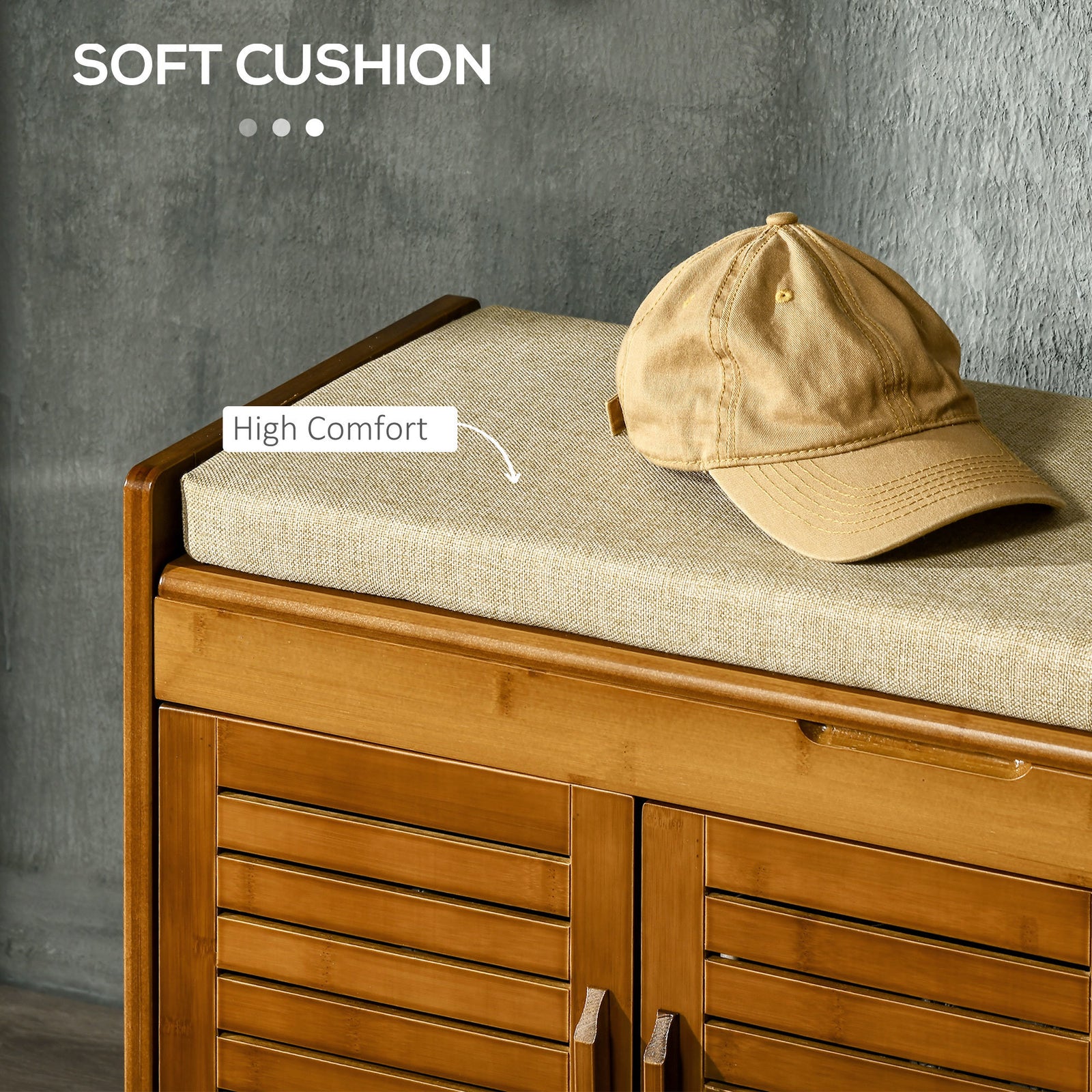 Shoe Bench with Storage Cabinets, Bamboo Entryway Bench with Seating Cushion, 3 Doors and Hidden Compartment for Hallway, Brown