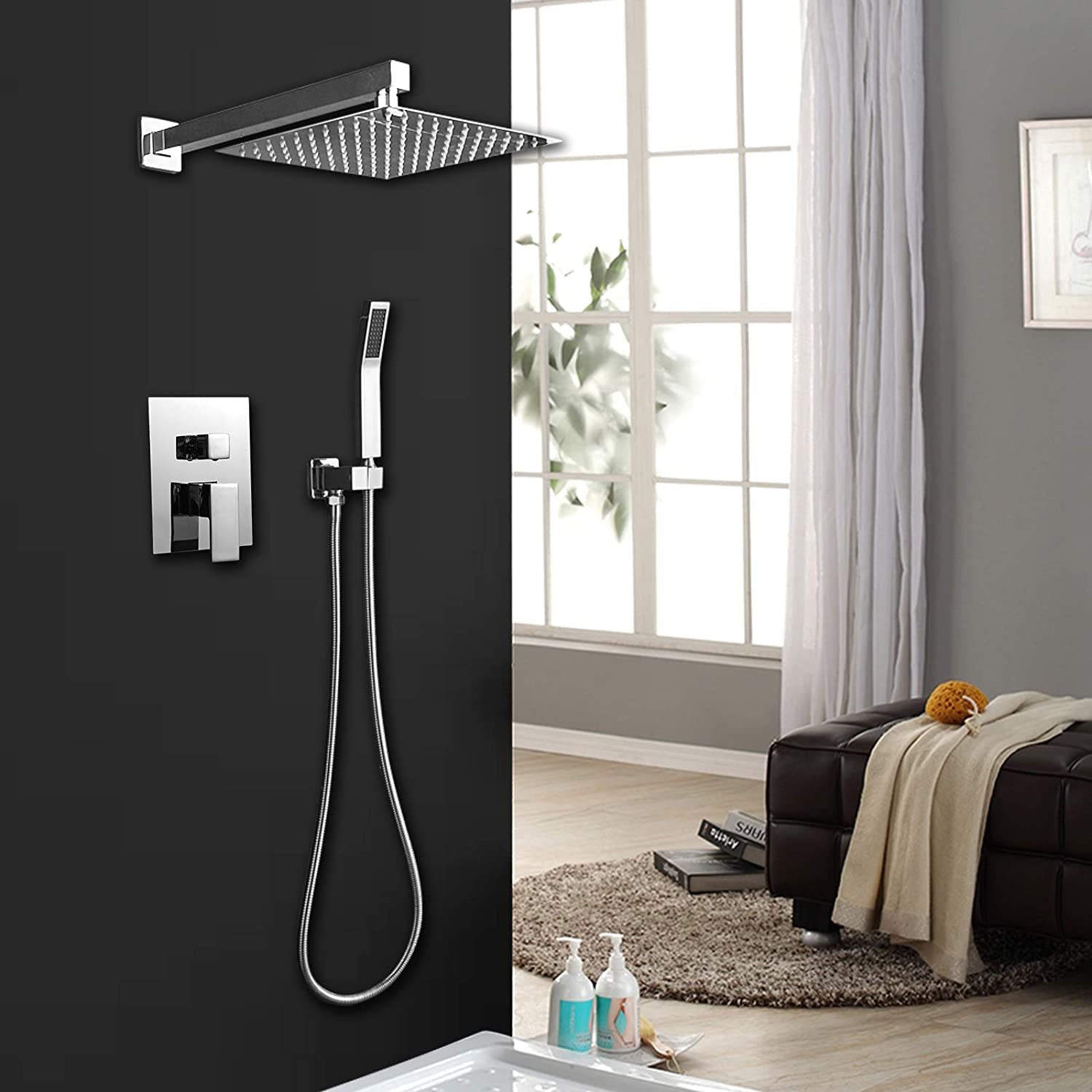 Shower System with High Pressure 10 inch Shower Head Hand Held Square Shower Head Bathroom Luxury Rain Mixer Shower Complete Combo Set Wall Mounted