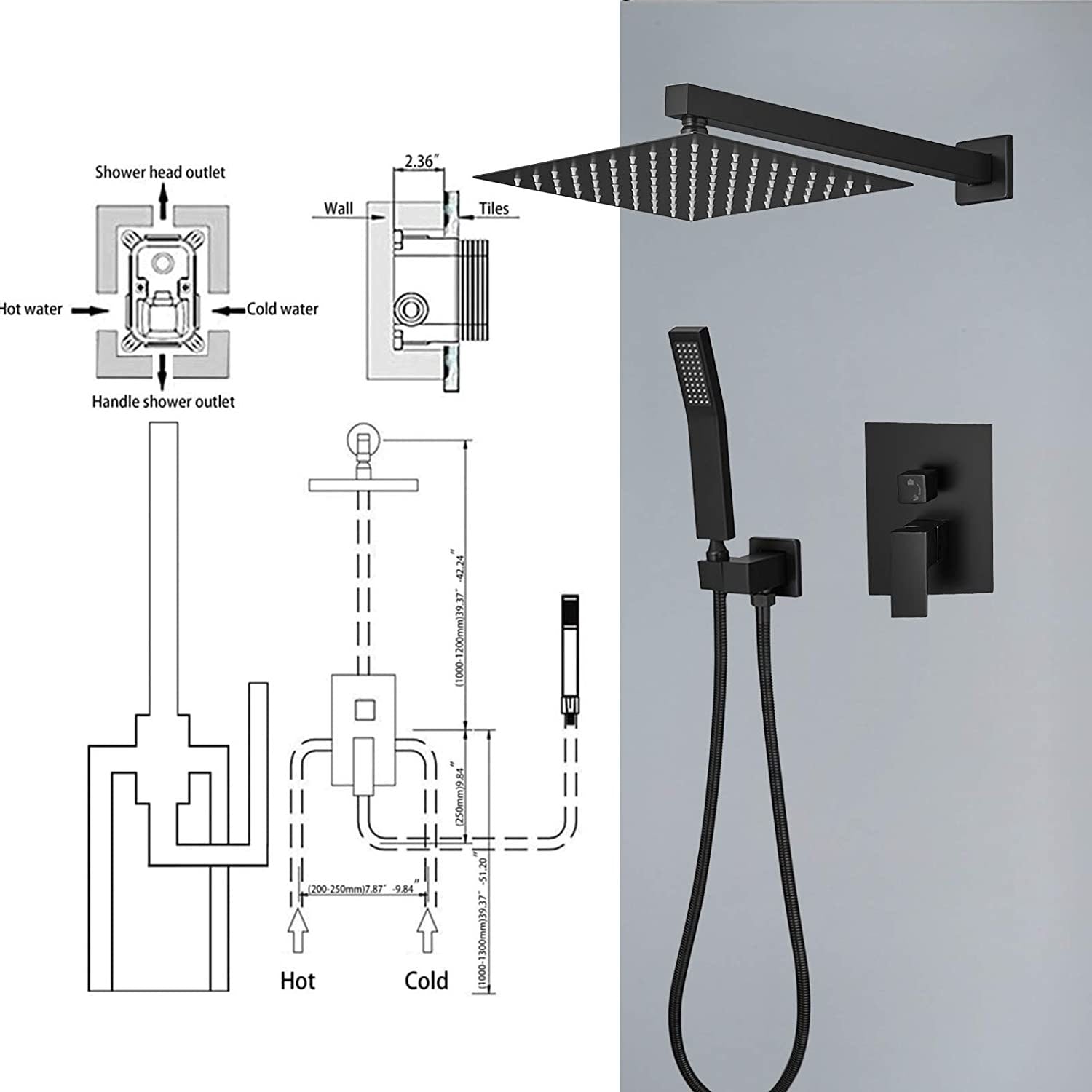 Shower System with High Pressure 10 inch Shower Head Hand Held Square Shower Head Bathroom Luxury Rain Mixer Shower Complete Combo Set Wall Mounted