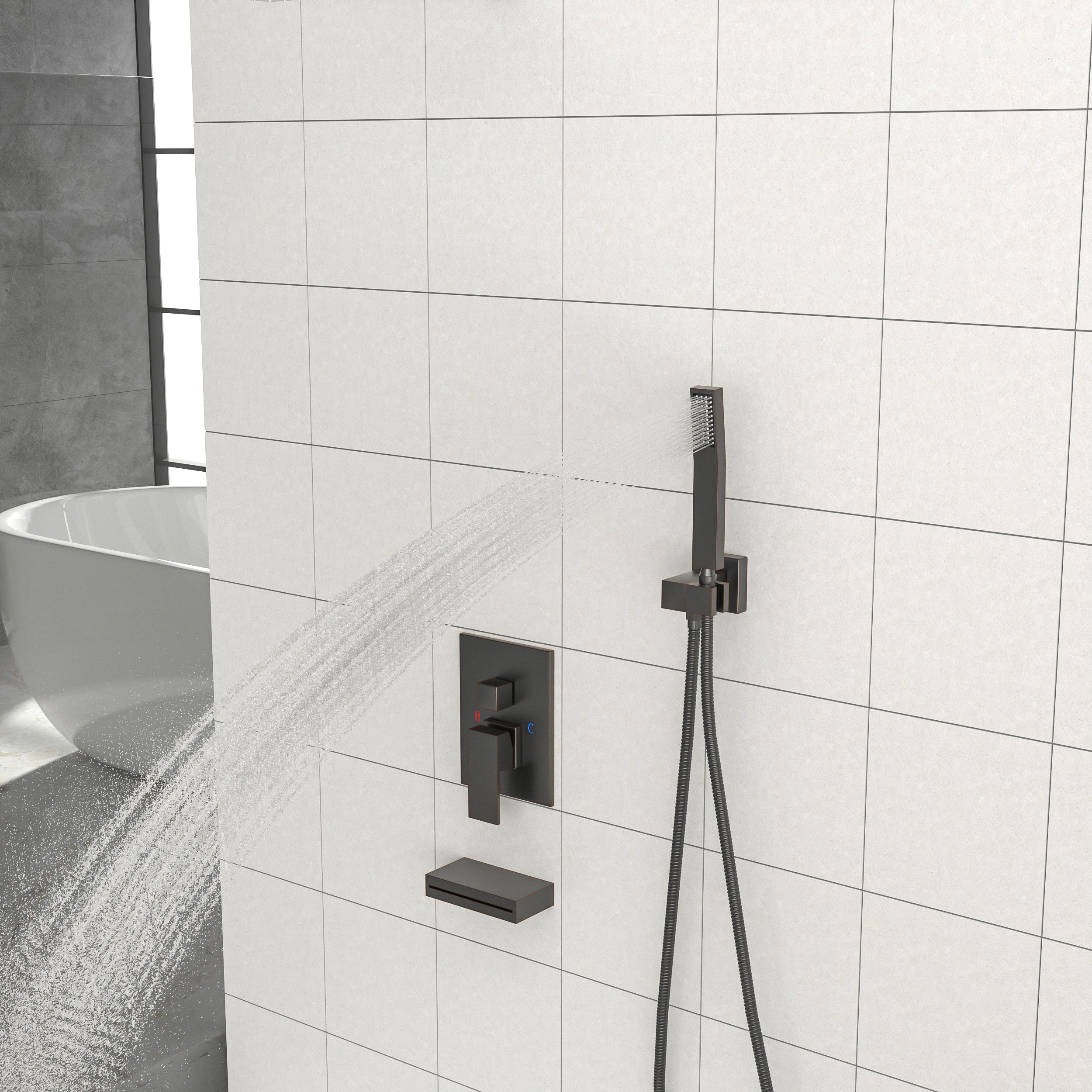 Shower System with Waterfall Tub Spout,12 Inch Ceiling Mount Square Shower System with Rough-in Valve,Oil Rubber Bronze