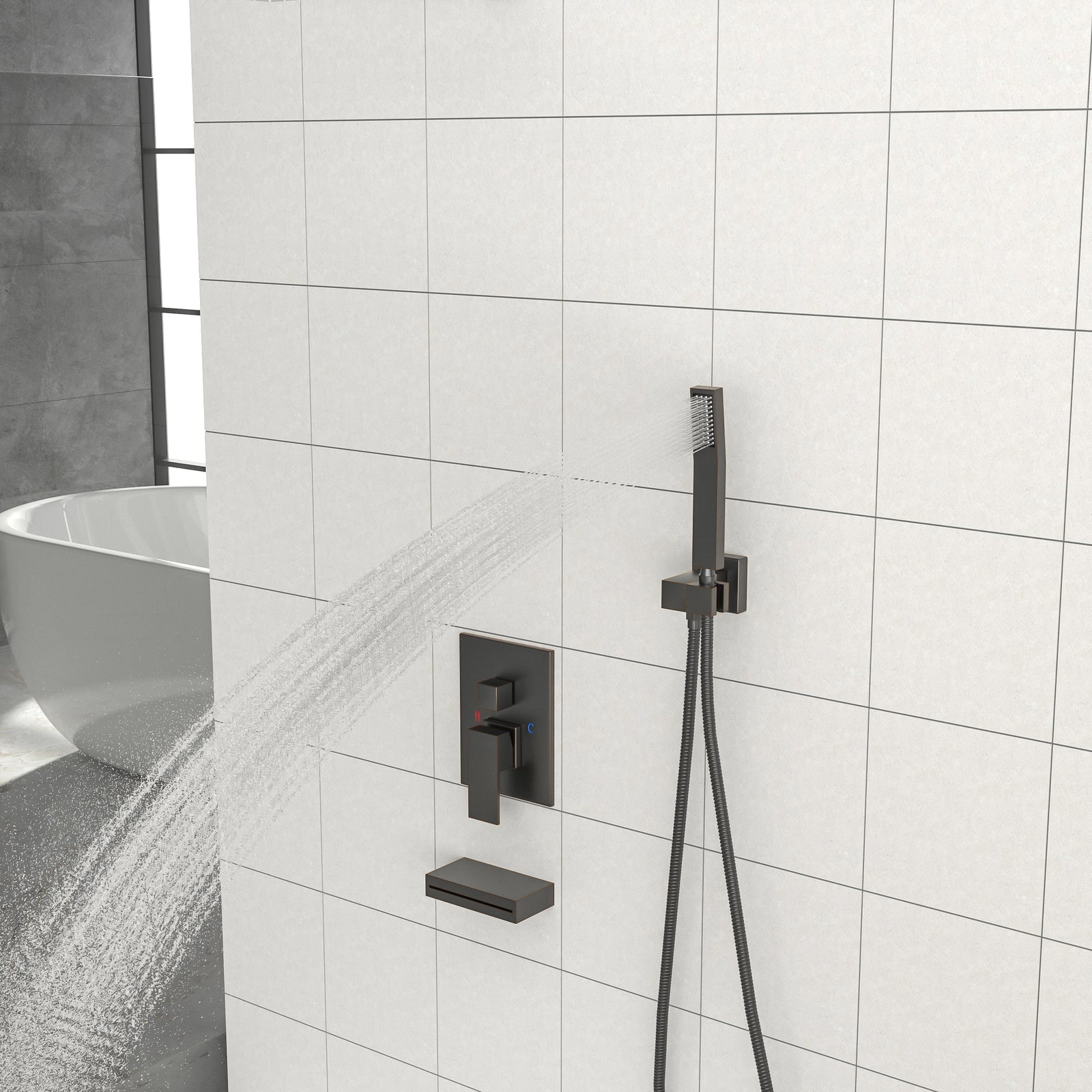Shower System with Waterfall Tub Spout,12 Inch Ceiling Mount Square Shower System with Rough-in Valve,Oil Rubber Bronze