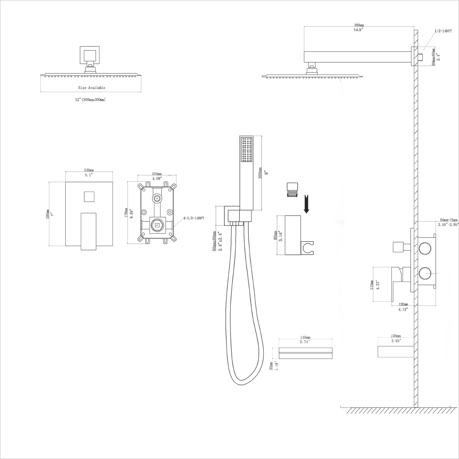 Shower System with Waterfall Tub Spout,12 Inch Wall Mounted Square Shower System with Rough-in Valve, Oil Rubber Bronze
