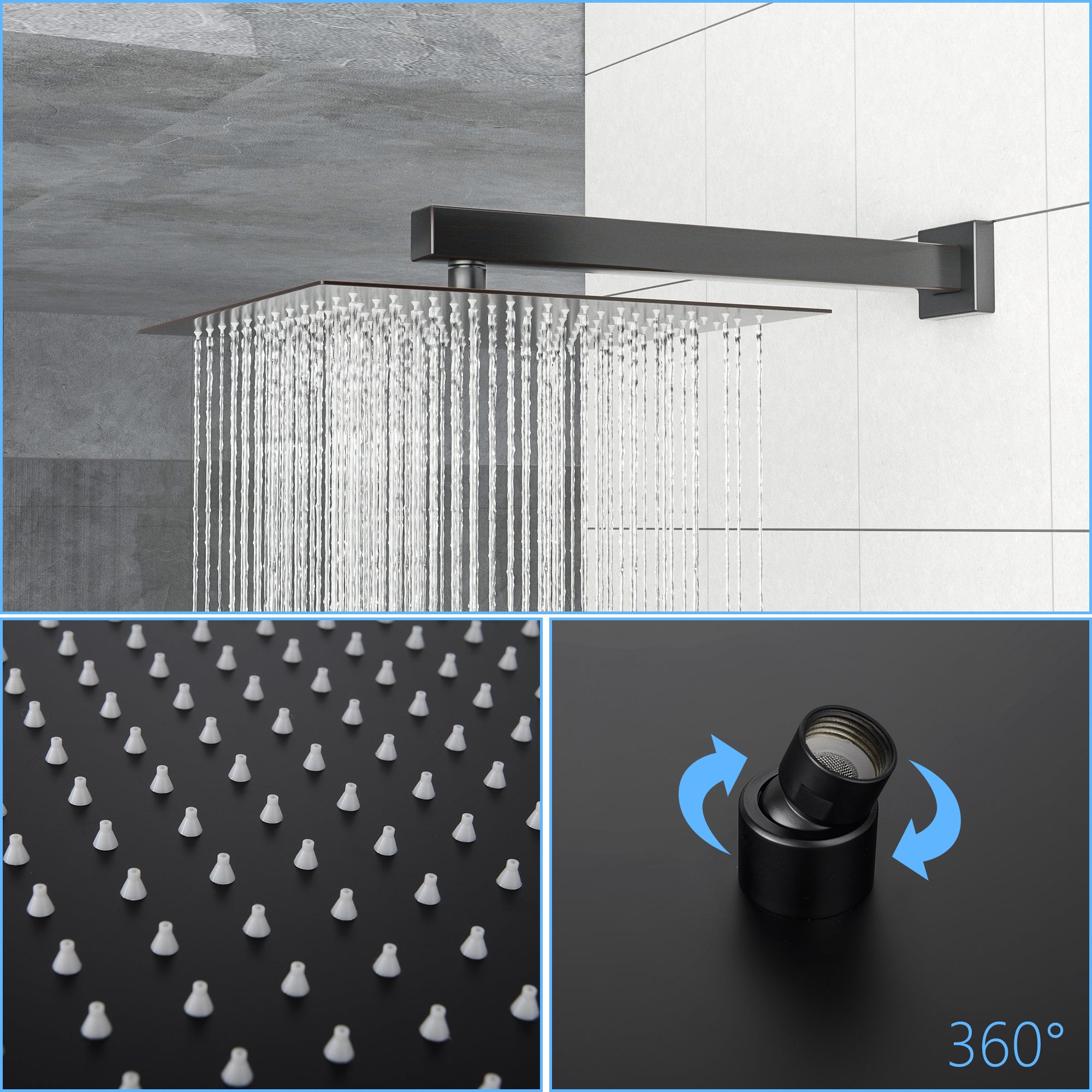 Shower System with Waterfall Tub Spout,12 Inch Wall Mounted Square Shower System with Rough-in Valve, Oil Rubber Bronze