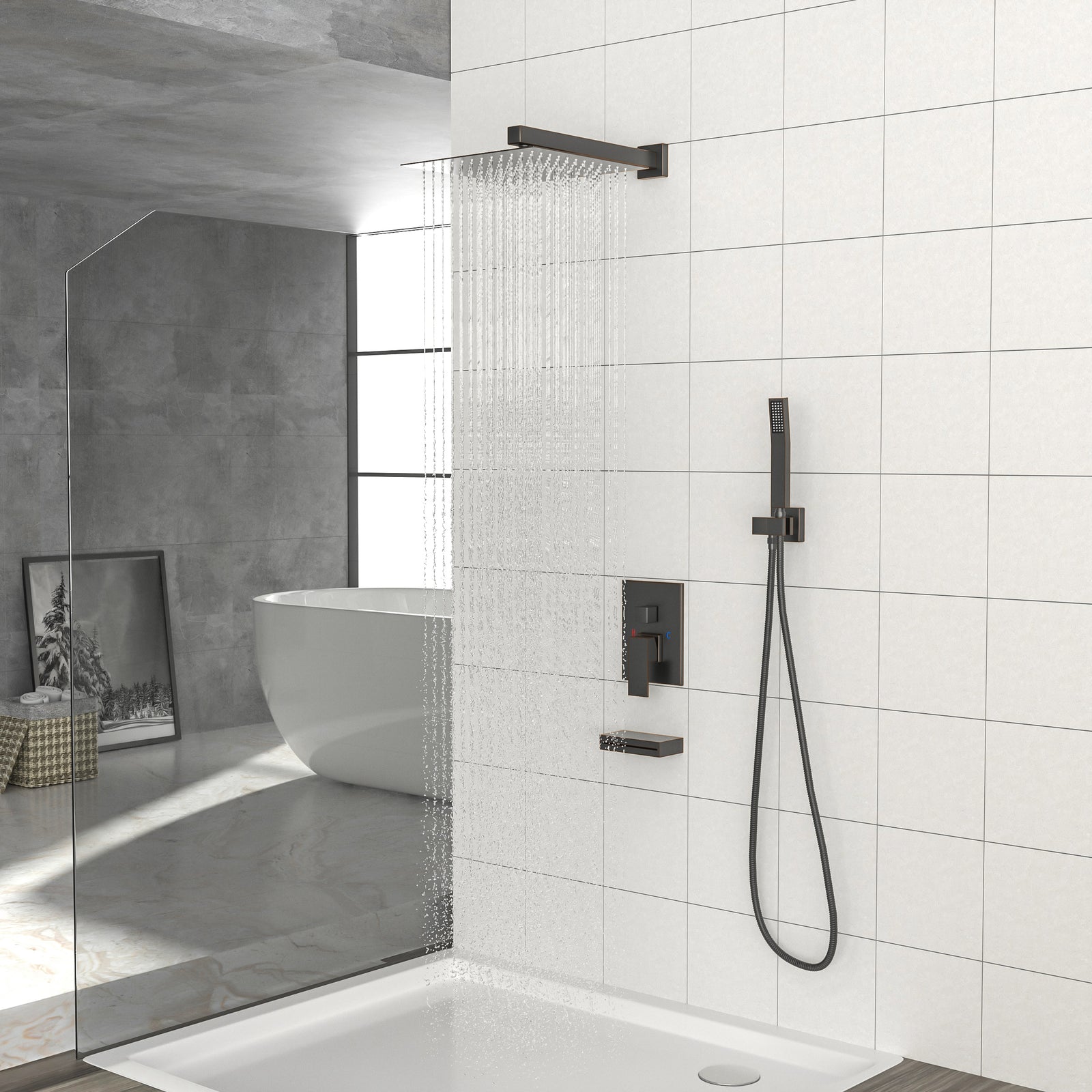 Shower System with Waterfall Tub Spout,12 Inch Wall Mounted Square Shower System with Rough-in Valve, Oil Rubber Bronze