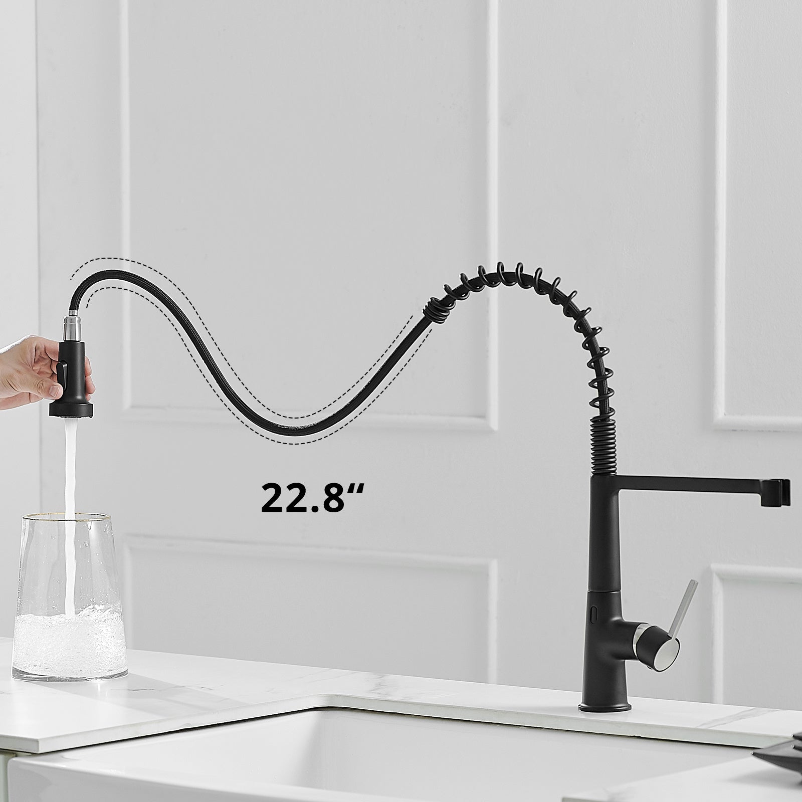 Single Handle Pull Down Sprayer Kitchen Faucet Commercial Spring Faucet with Touchless Sensor in Brushed + Black