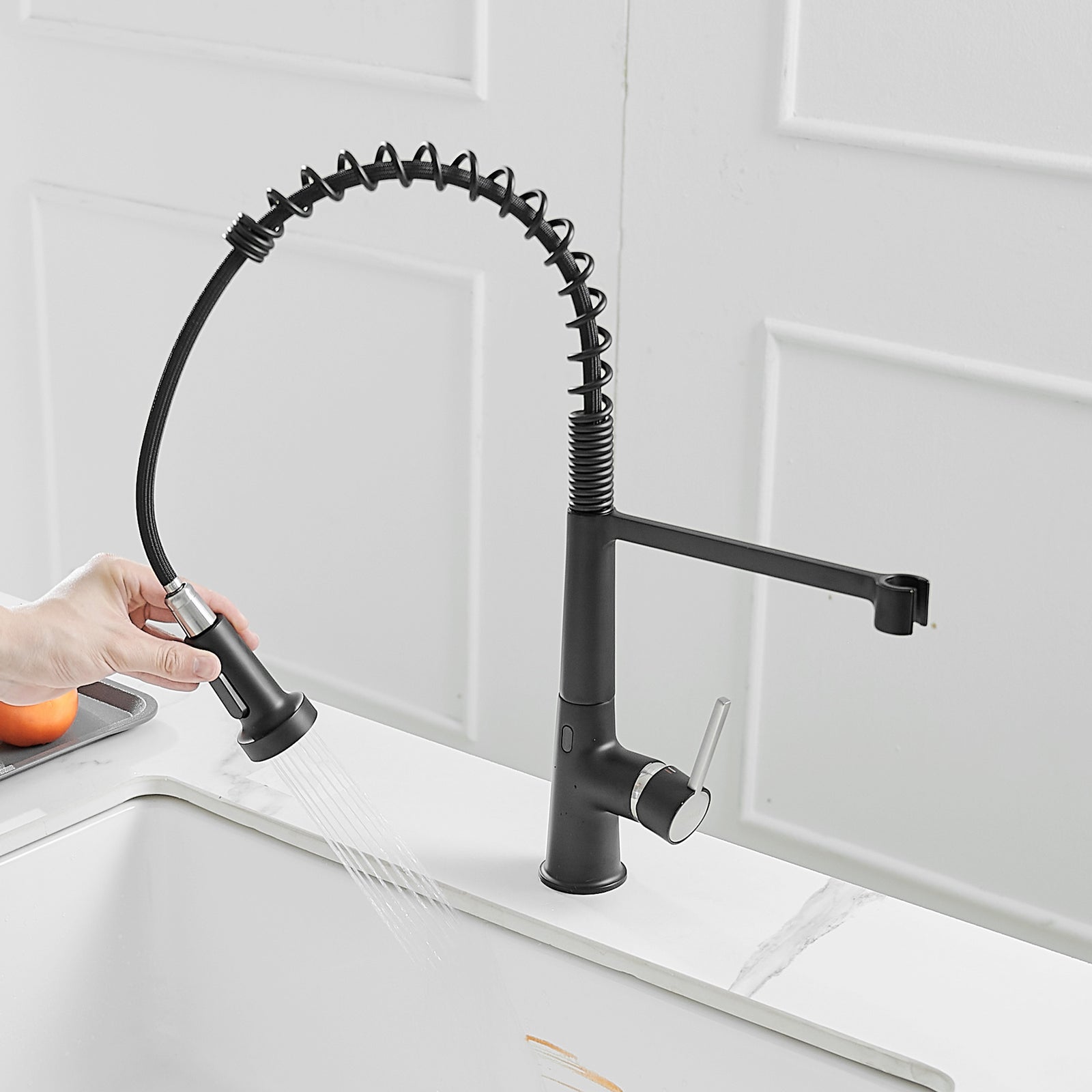 Single Handle Pull Down Sprayer Kitchen Faucet Commercial Spring Faucet with Touchless Sensor in Brushed + Black