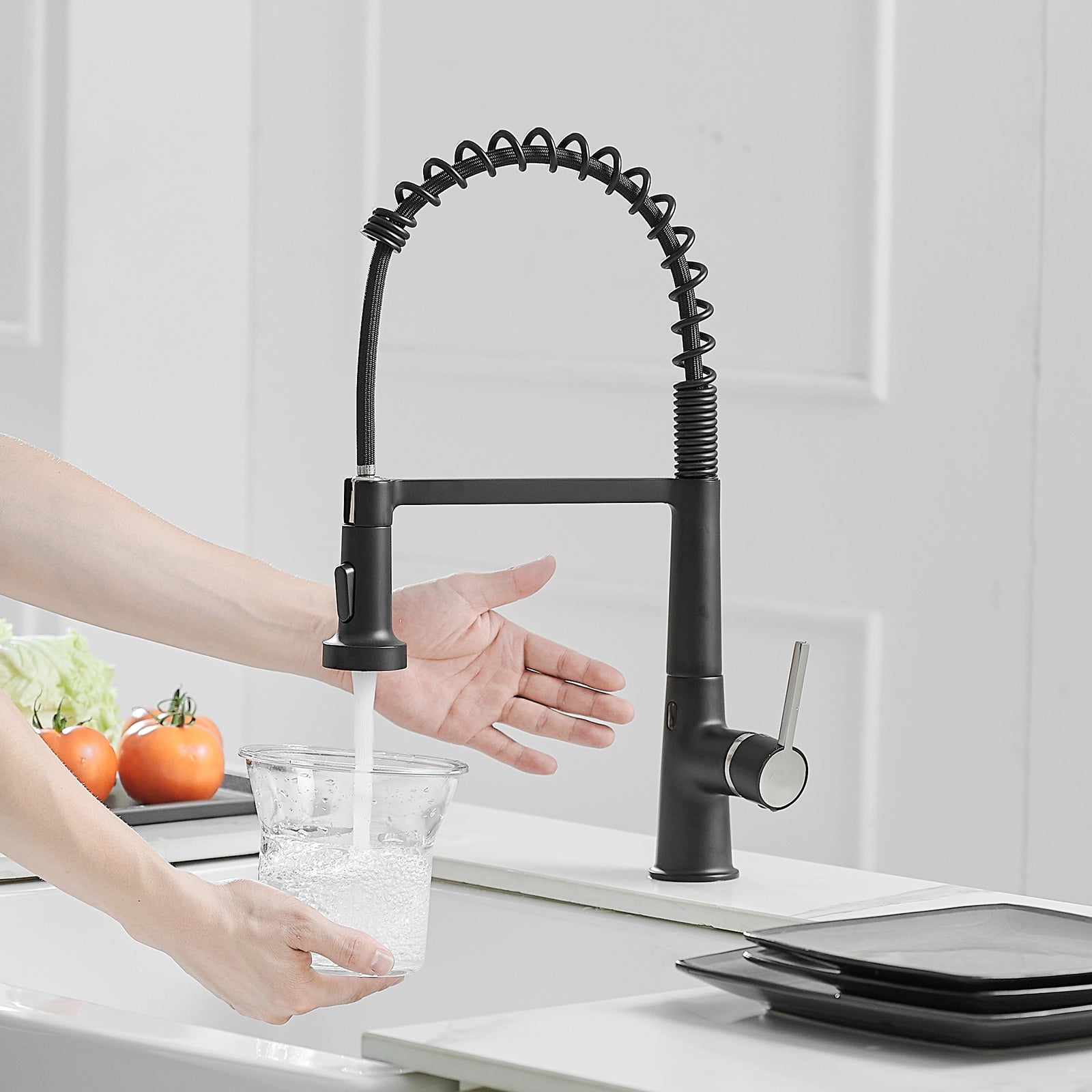 Single Handle Pull Down Sprayer Kitchen Faucet Commercial Spring Faucet with Touchless Sensor in Brushed + Black