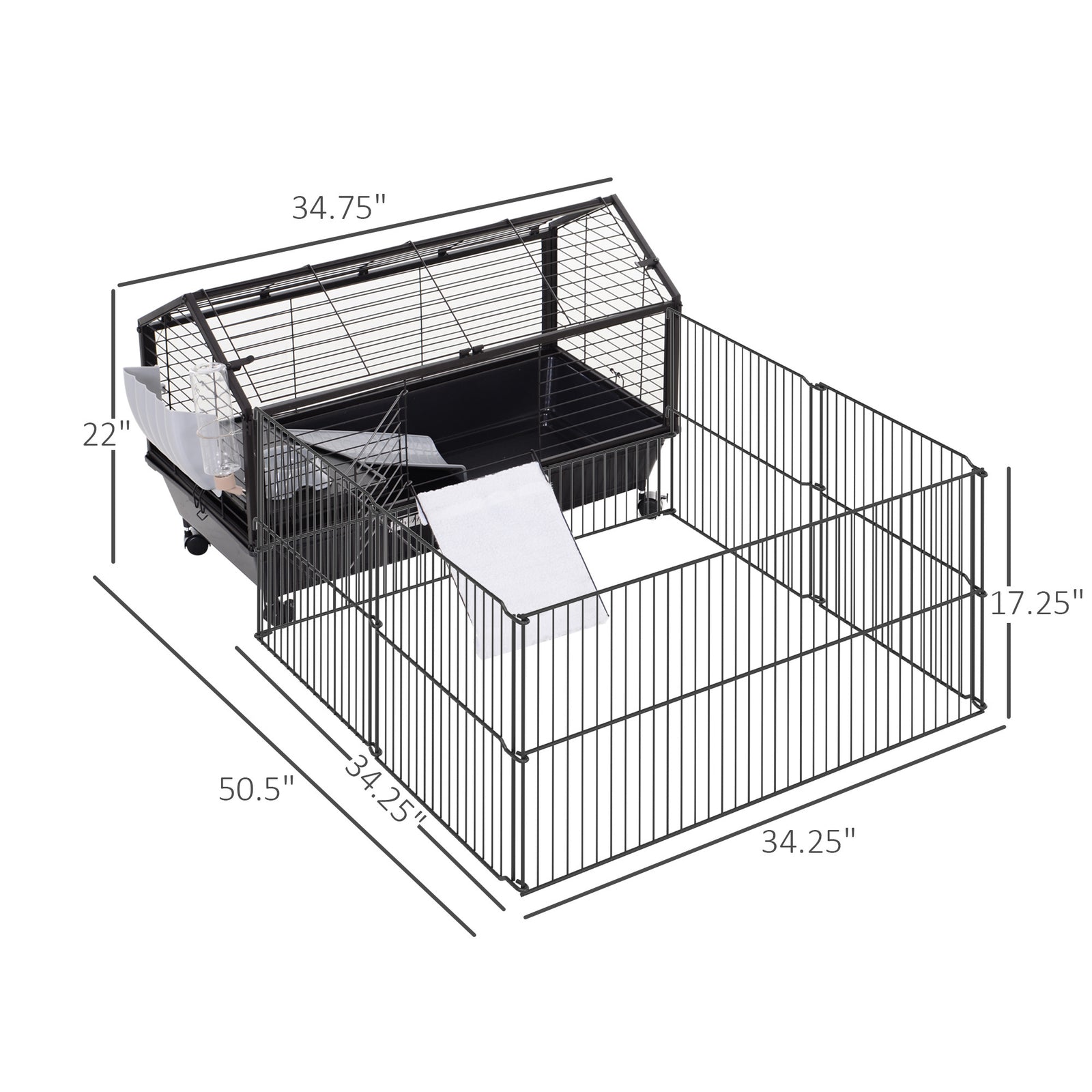 Small Animal Playpen Cage w/ Rolling Caster, Water Bottle, 35