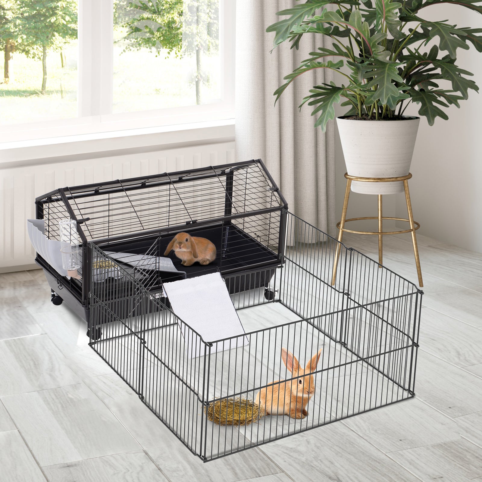 Small Animal Playpen Cage w/ Rolling Caster, Water Bottle, 35