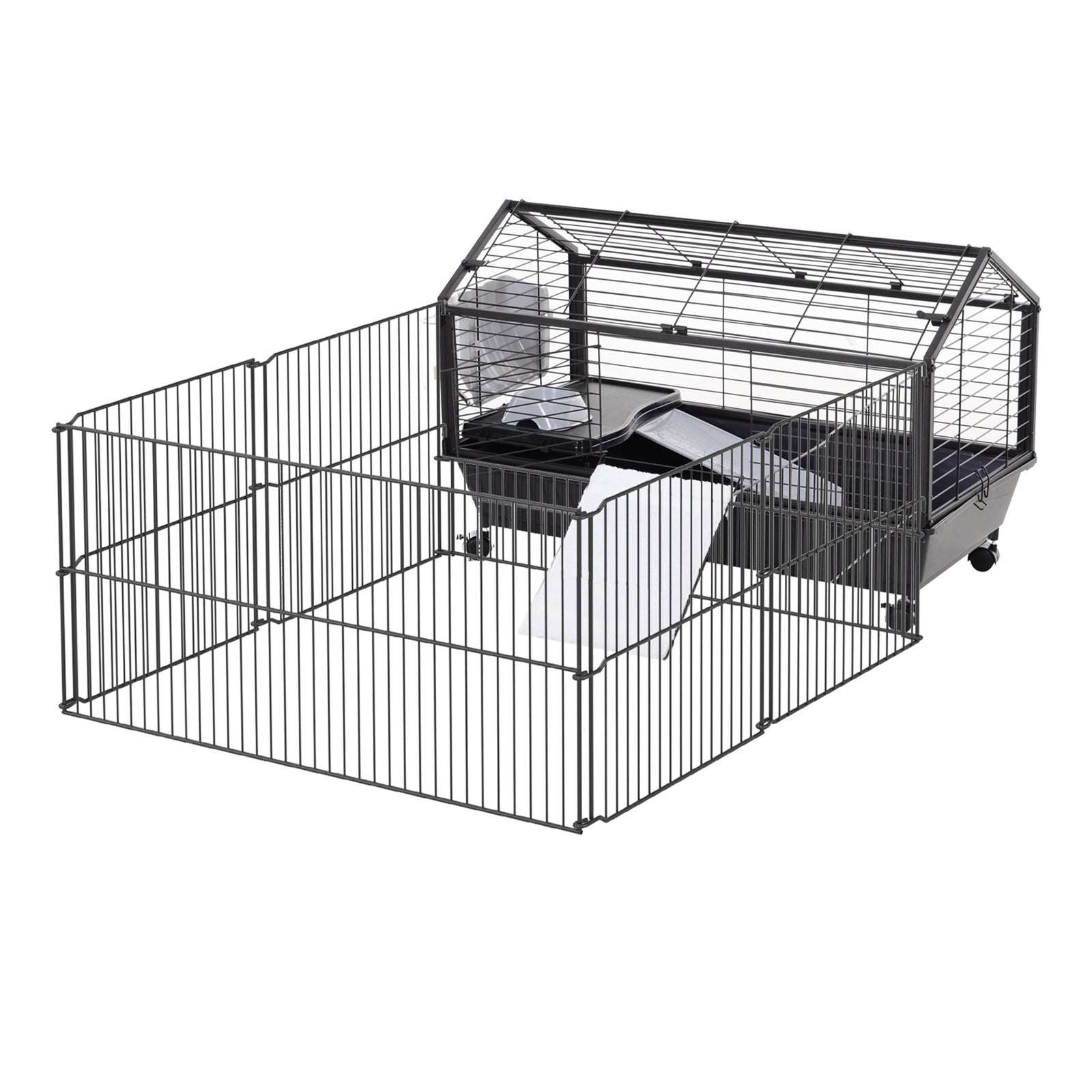 Small Animal Playpen Cage w/ Rolling Caster, Water Bottle, 35