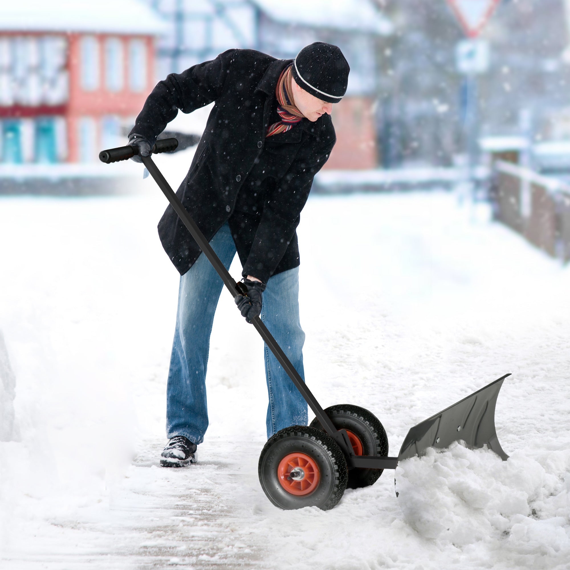 Snow Shovel with Wheels, Snow Pusher, Cushioned Adjustable Angle Handle Snow Removal Tool, 29" Blade, 10" Wheels, Black