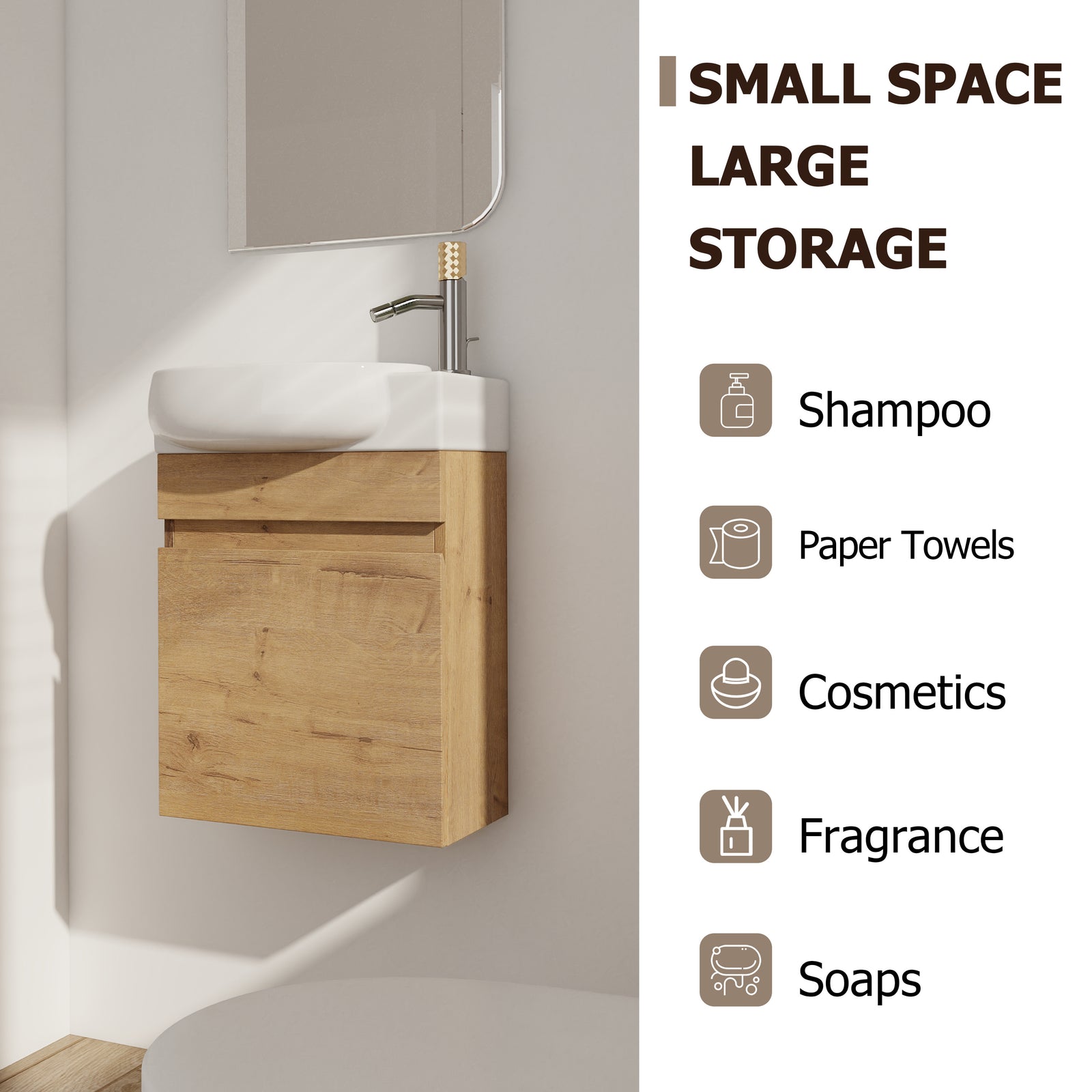 Soft Close Doors Bathroom Vanity With Sink,16 Inch For Small Bathroom