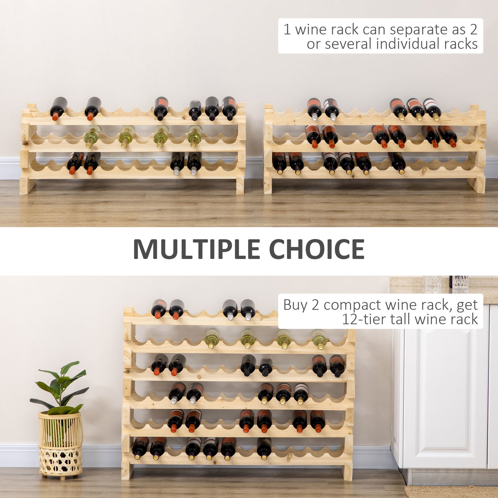 Stackable Wine Rack, Modular Storage Shelves, 72-Bottle Holder, Freestanding Display Rack for Kitchen, Pantry, Cellar, Natural