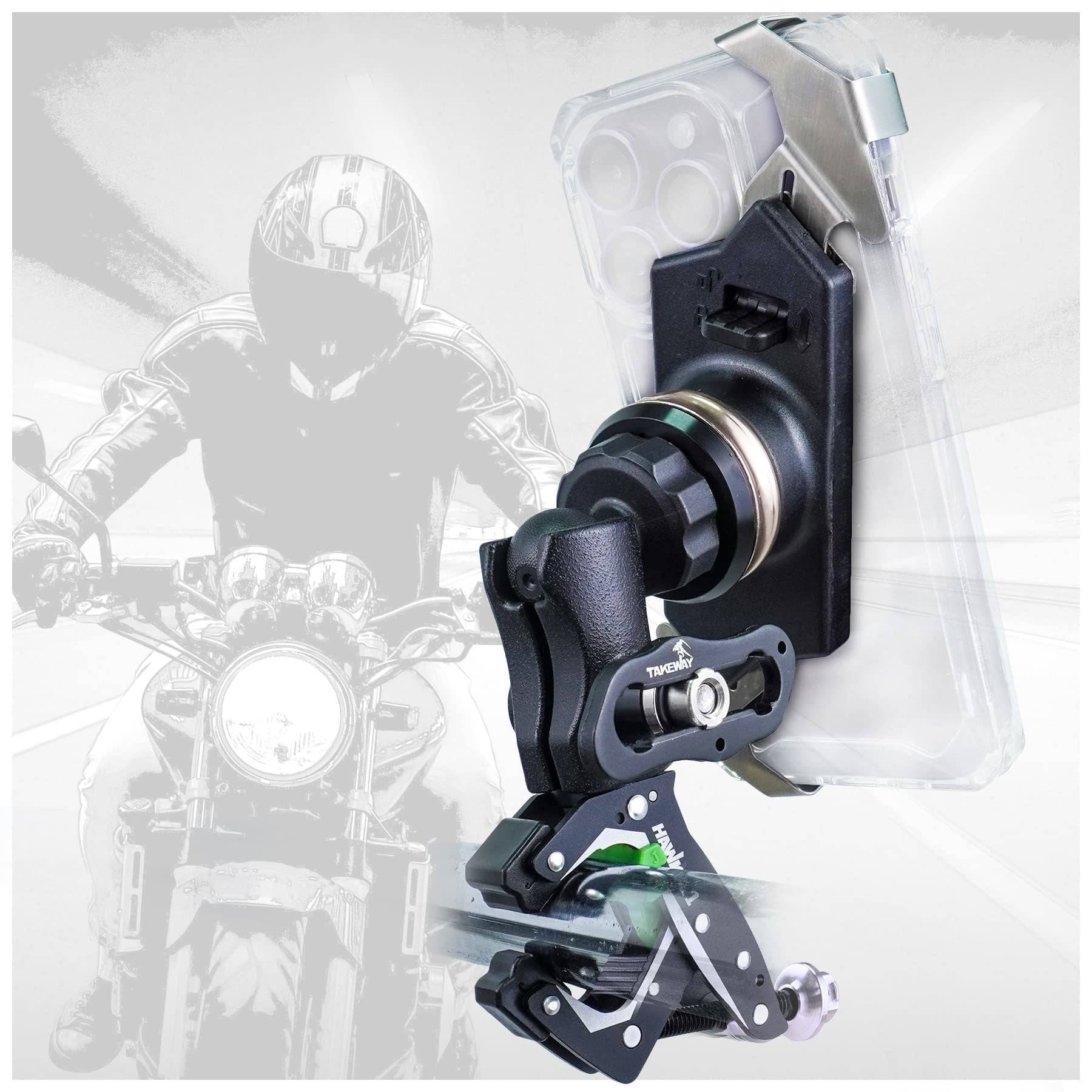 TAKEWAY Clampod HAWK1-PH05-ANV Anti-Vibration Phone Mounts Holder, Motorcycle Handlebar Clamp Base, Adjustable, Stable, Double Socket Arm with 360° Rotation Ideal for All iPhone and Any Cell Phone