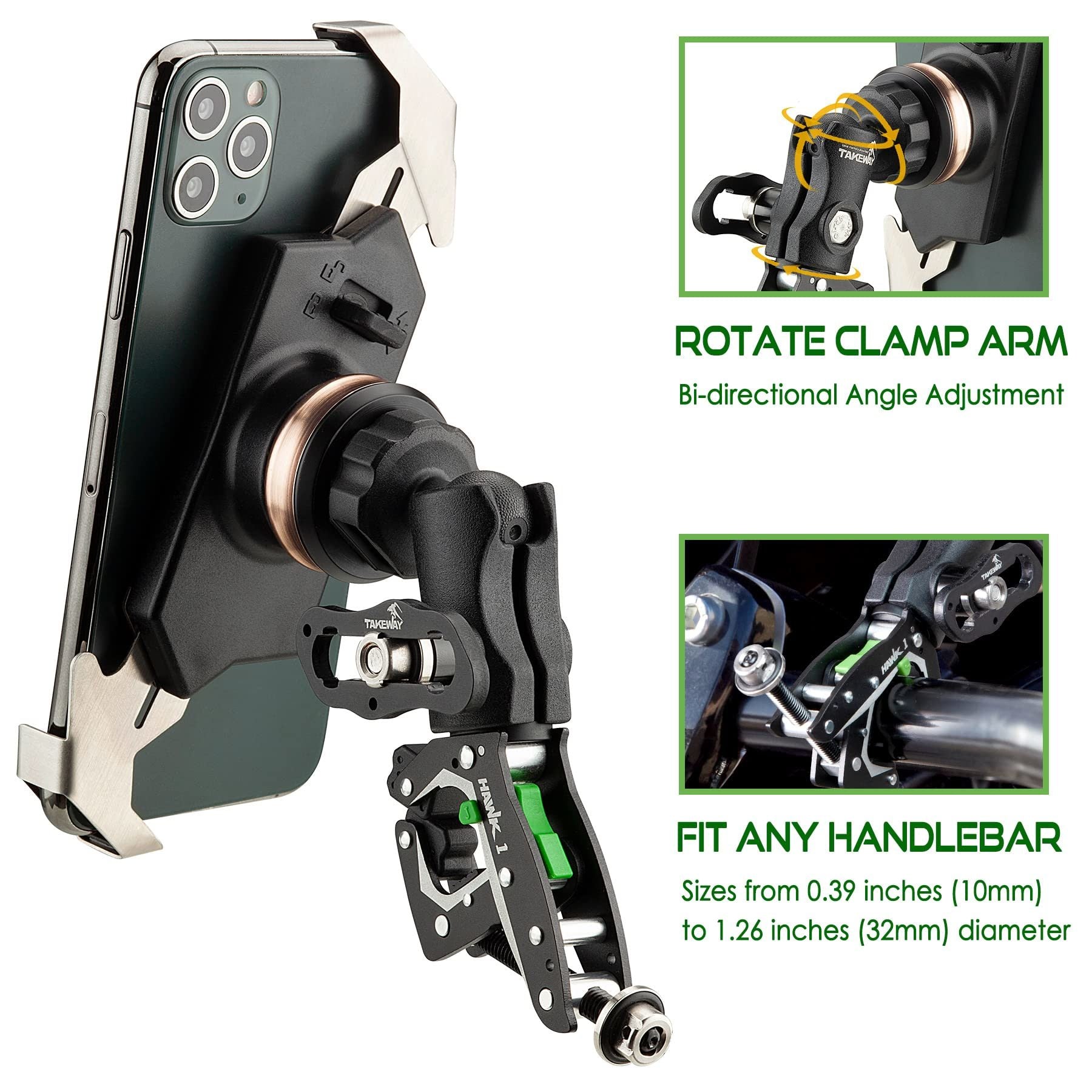 TAKEWAY Clampod HAWK1-PH05-ANV Anti-Vibration Phone Mounts Holder, Motorcycle Handlebar Clamp Base, Adjustable, Stable, Double Socket Arm with 360° Rotation Ideal for All iPhone and Any Cell Phone