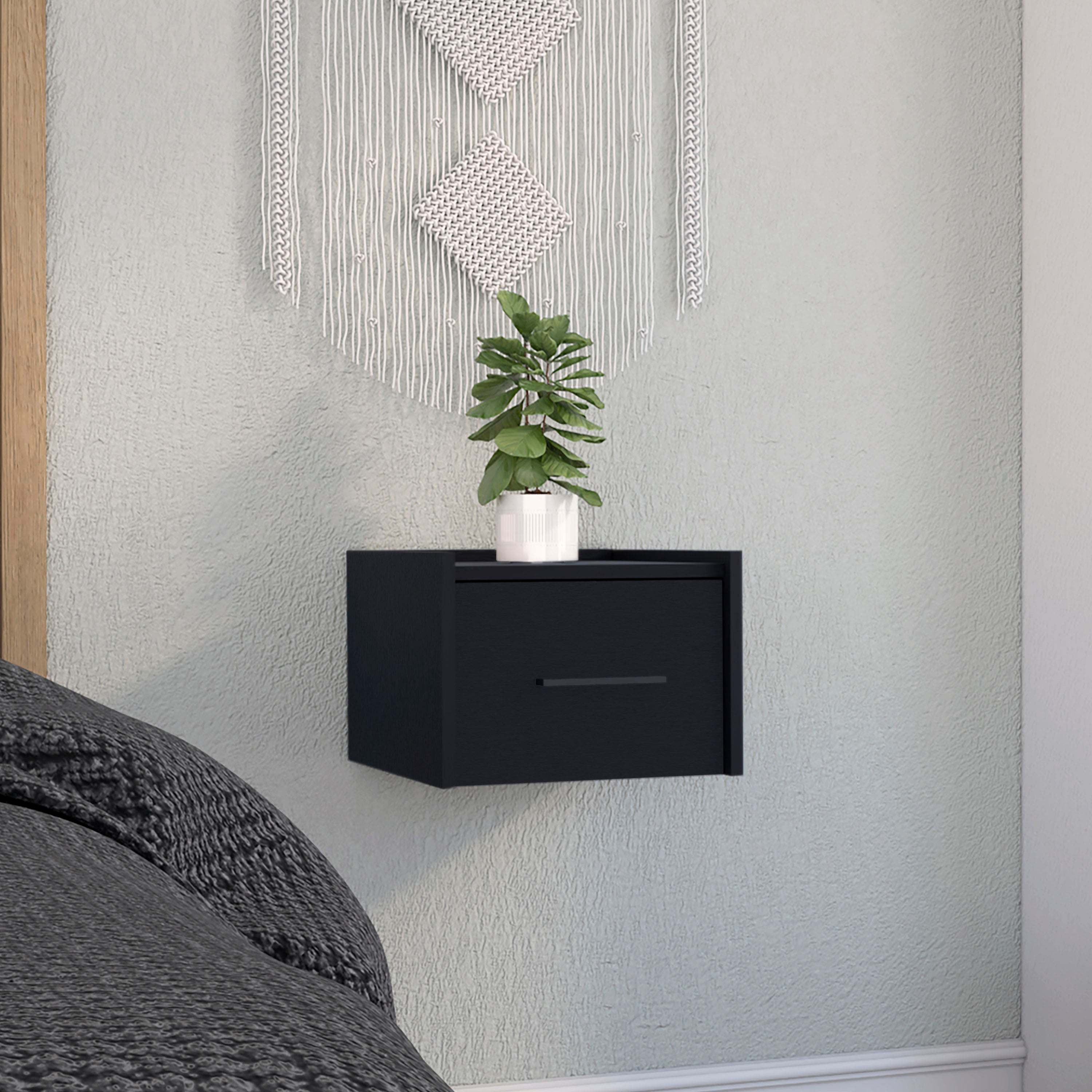 TUHOME Boa Floating Nightstand, Wall-Mounted Single Drawer Design with Handle- Black - Bedroom