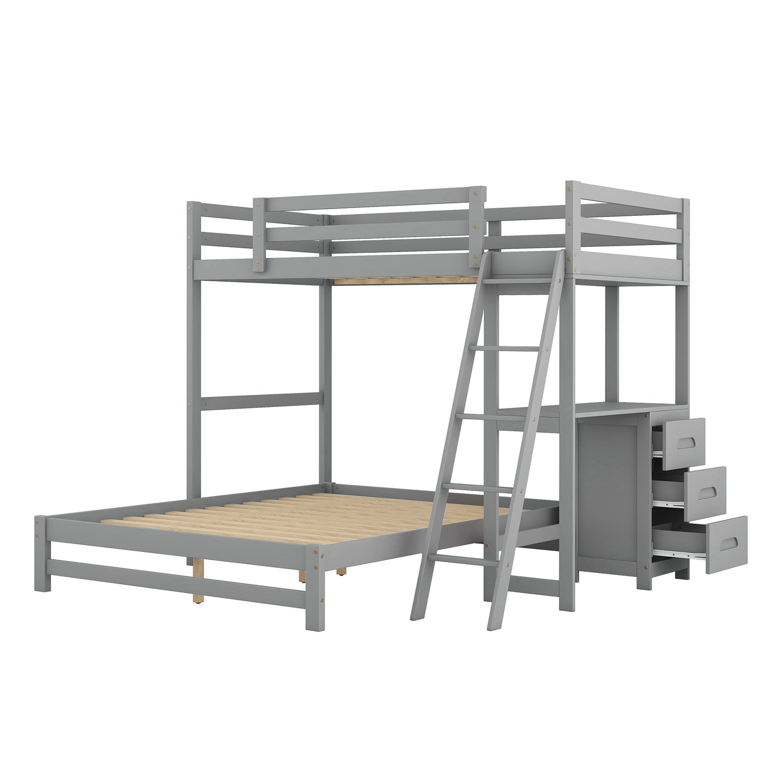 Twin over Full Bunk Bed with Built-in Desk and Three Drawers