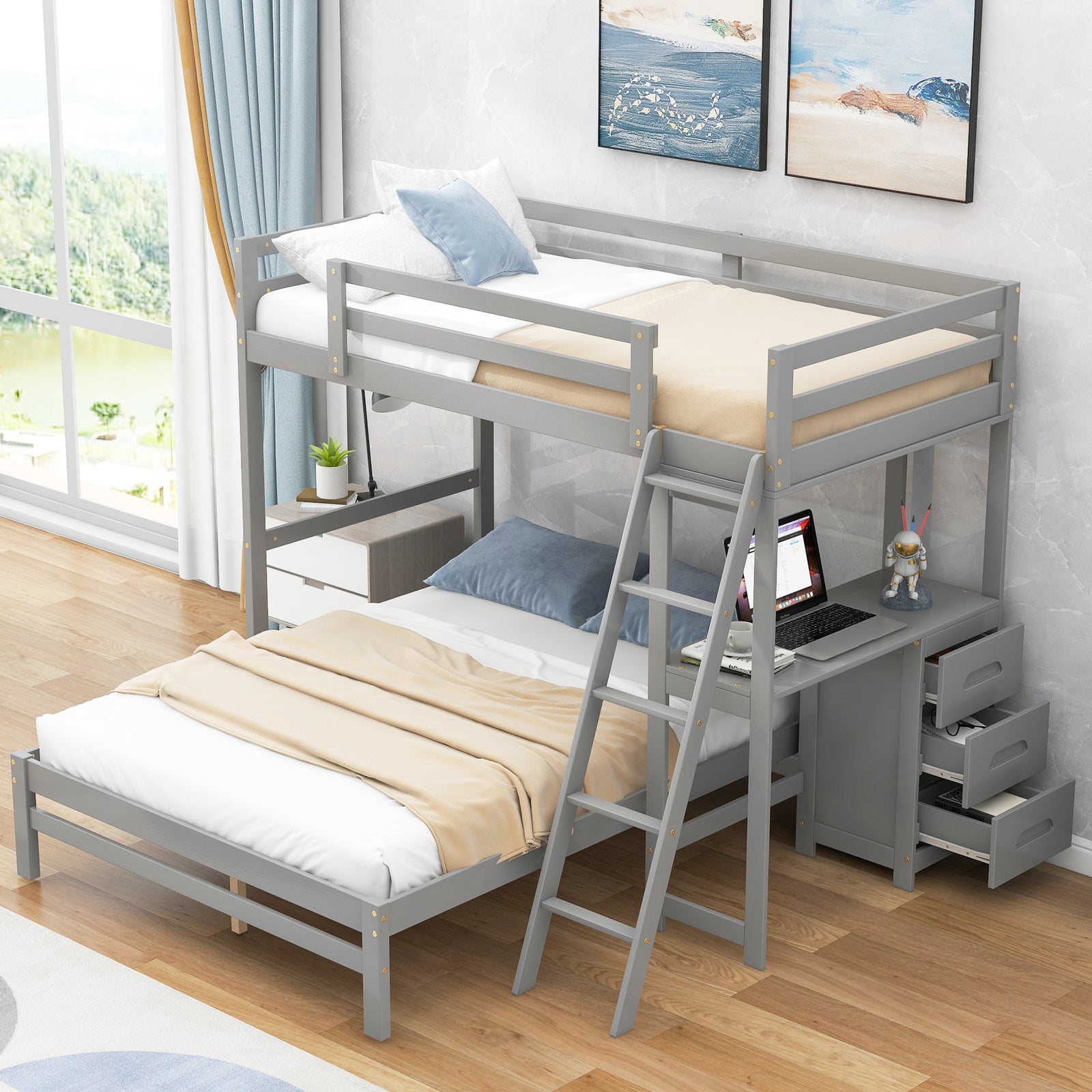 Twin over Full Bunk Bed with Built-in Desk and Three Drawers